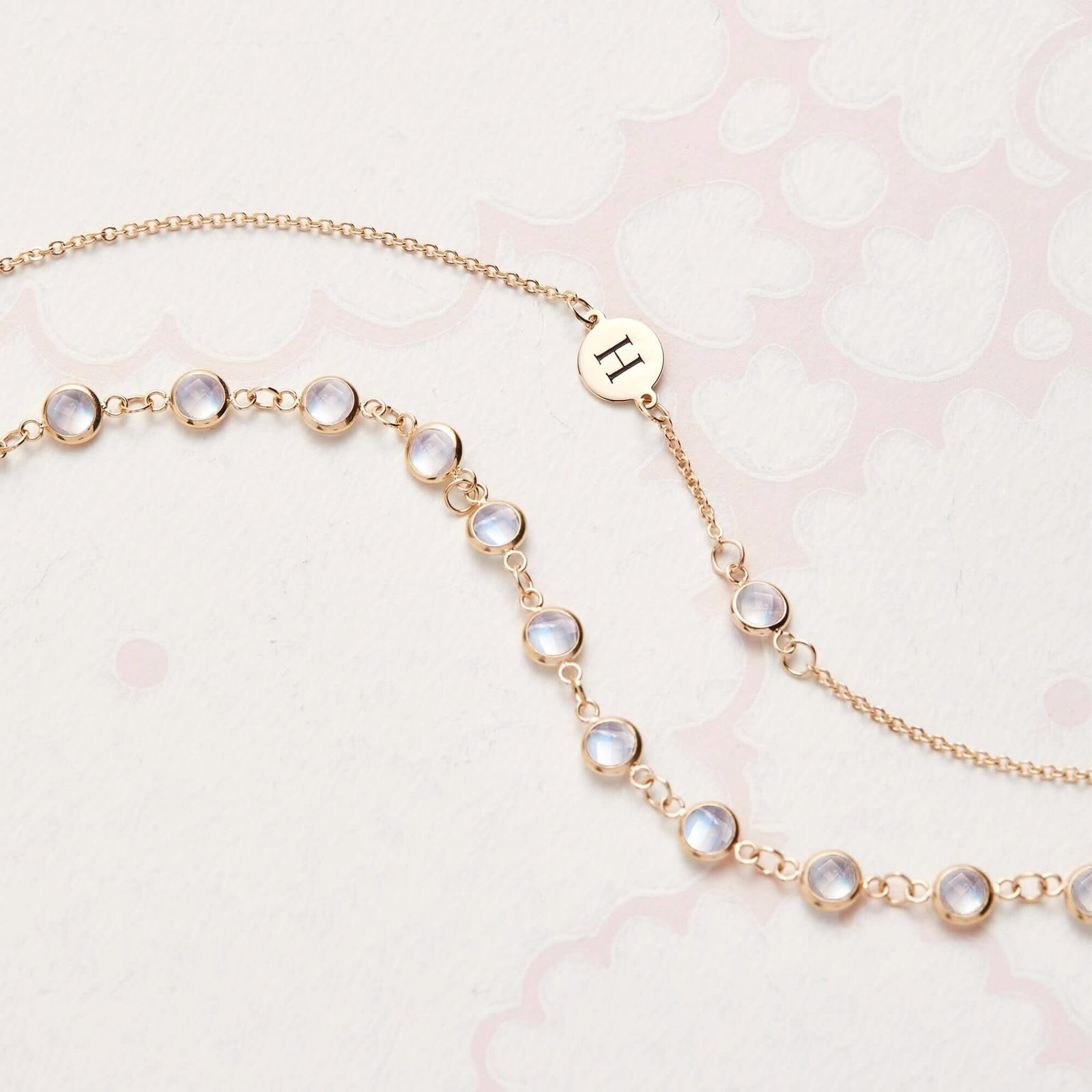 1 Letter & 1 Petite Moonstone Necklace in 14k Gold (June)