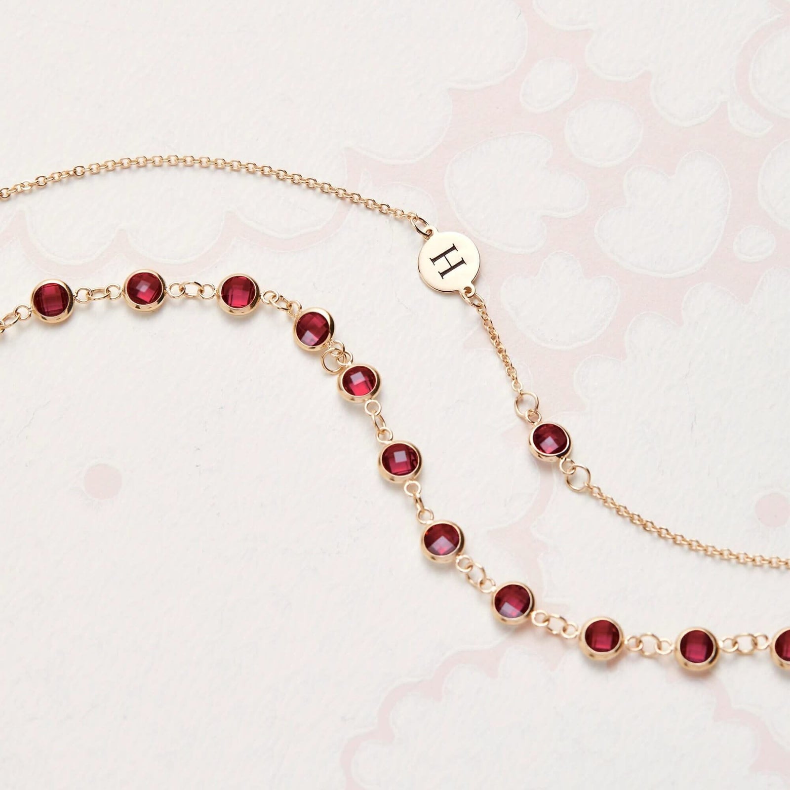 1 Letter & 1 Petite Ruby Necklace in 14k Gold (July)