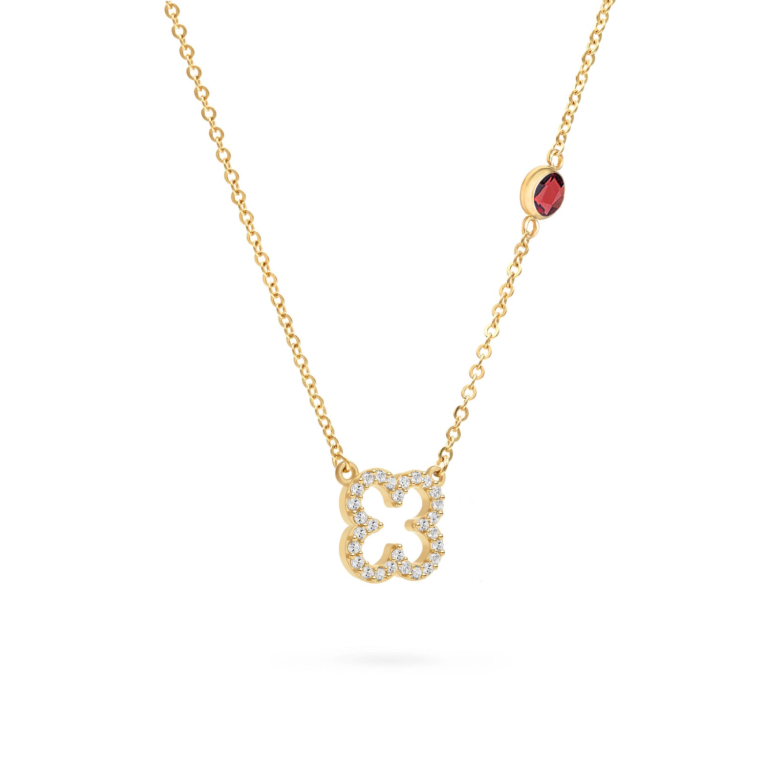 Diamond Clover & Garnet Necklace in 14k Gold (January)