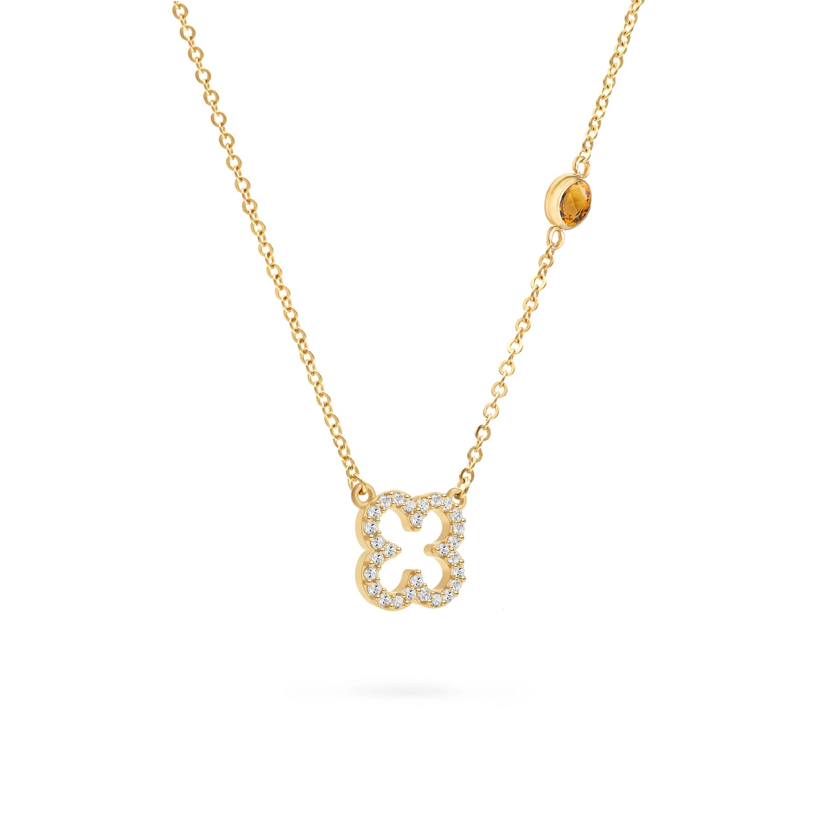Diamond Clover & Citrine Necklace in 14k Gold (November)