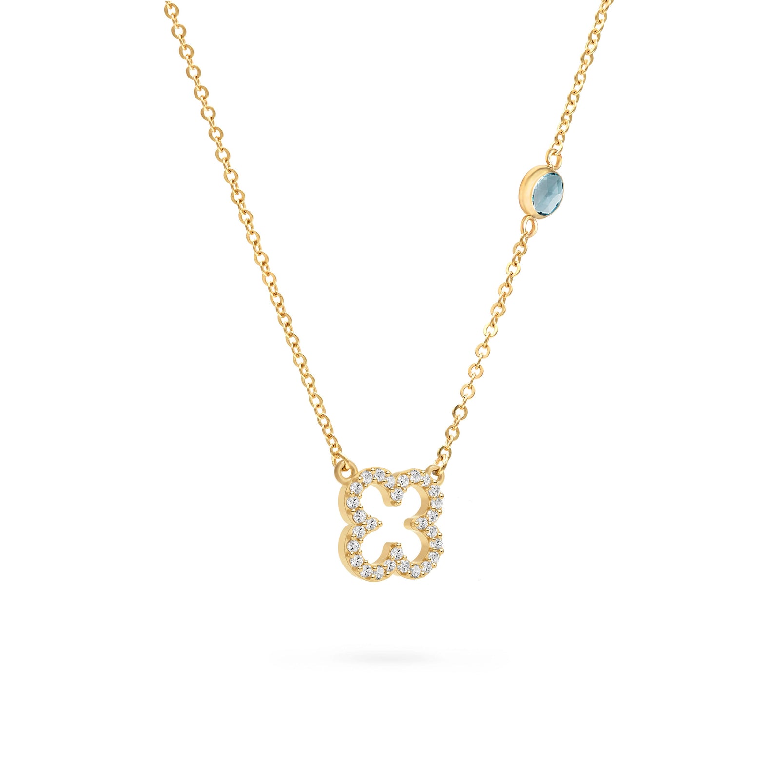 Diamond Clover & Nantucket Blue Topaz Necklace in 14k Gold (December)