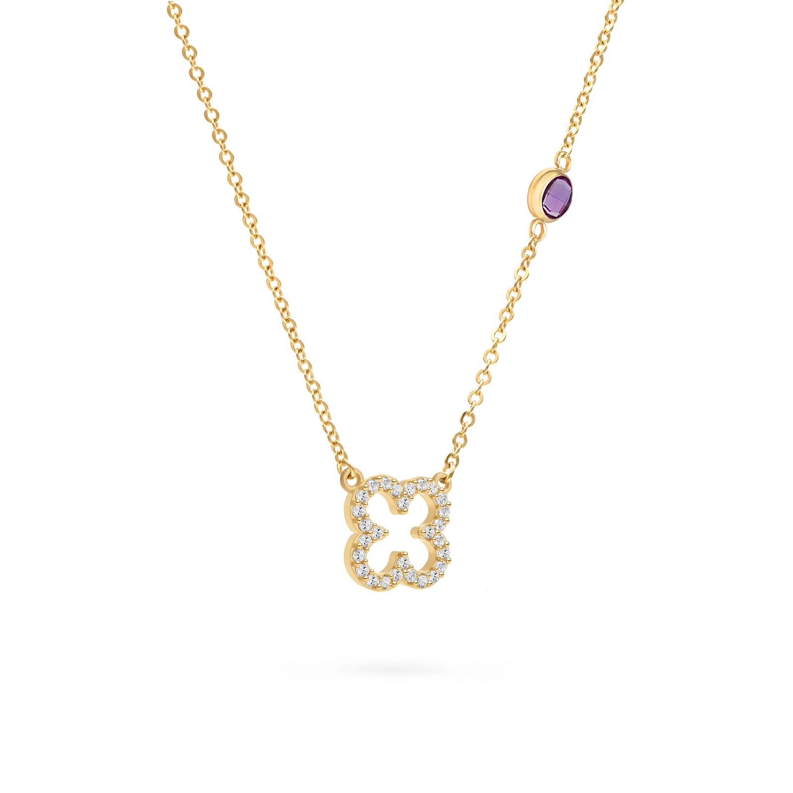 Diamond Clover & Amethyst Necklace in 14k Gold (February)