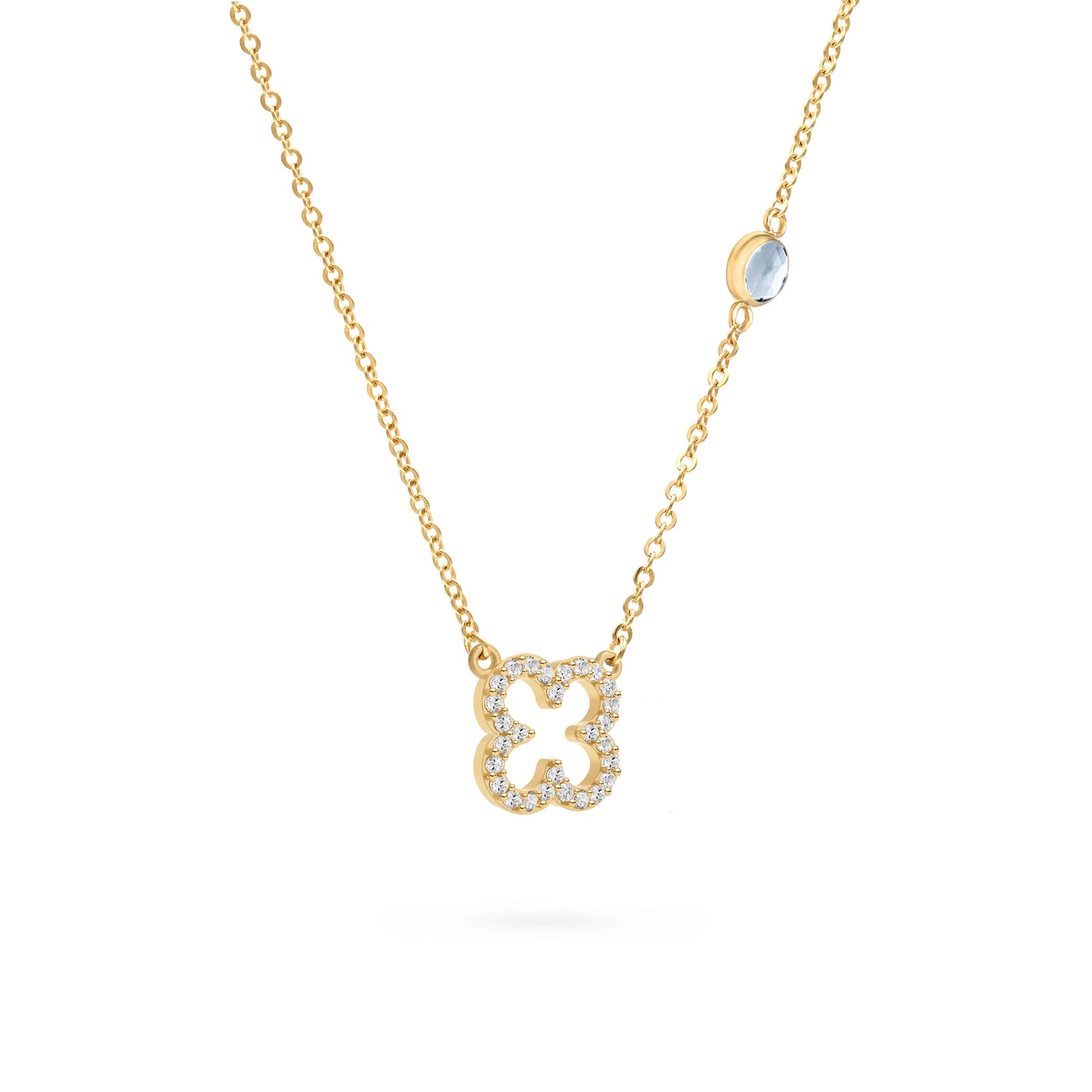 Diamond Clover & Aquamarine Necklace in 14k Gold (March)