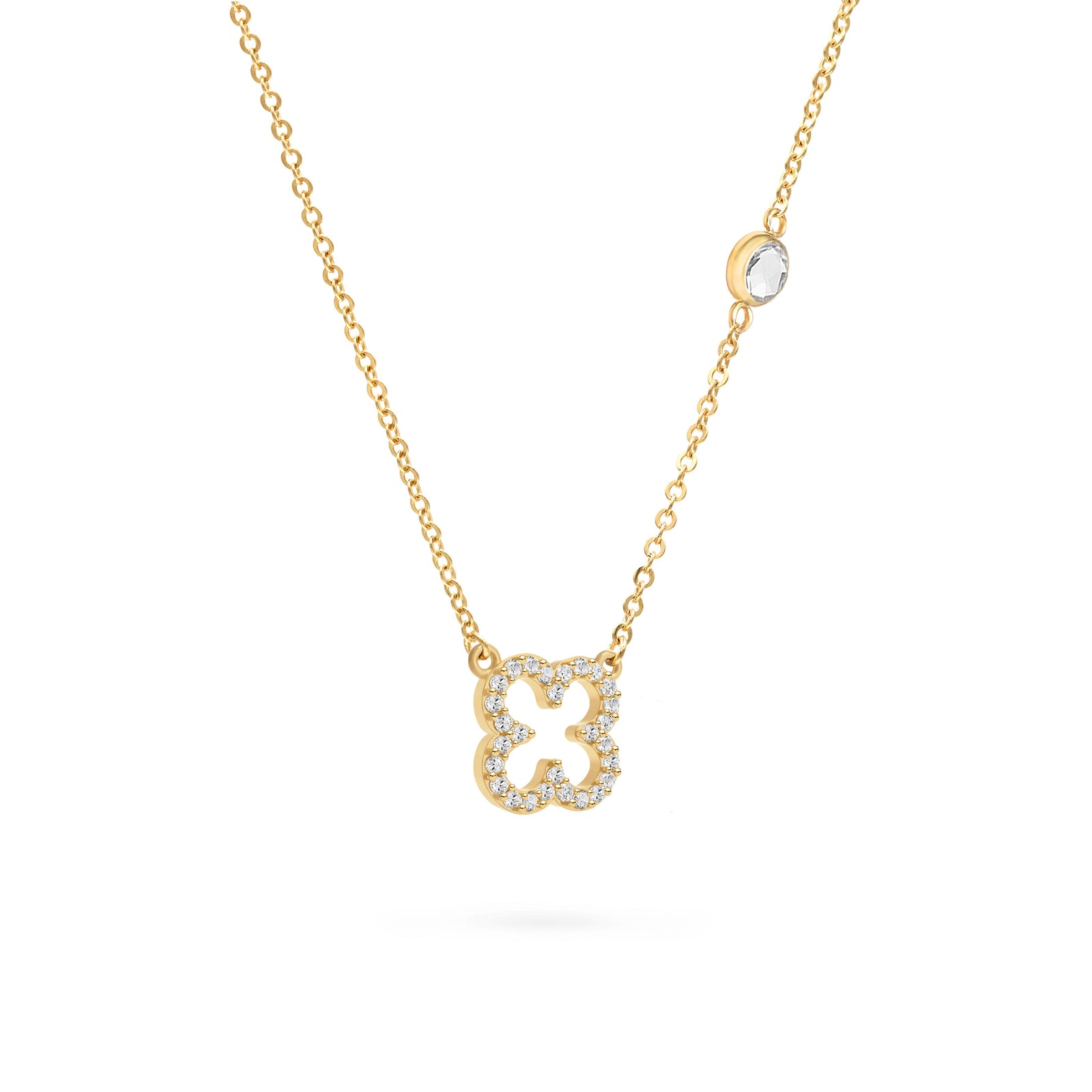 Diamond Clover & White Topaz Necklace in 14k Gold (April)