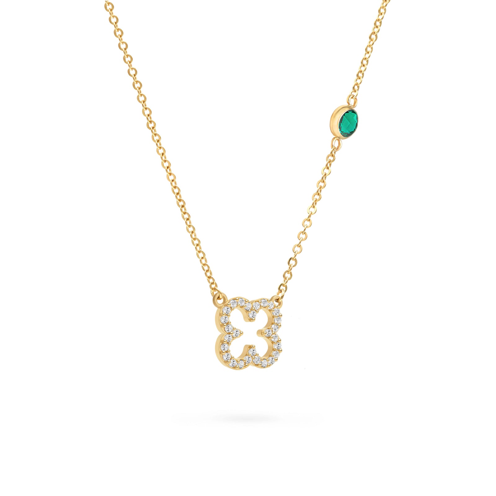 Diamond Clover & Emerald Necklace in 14k Gold (May)