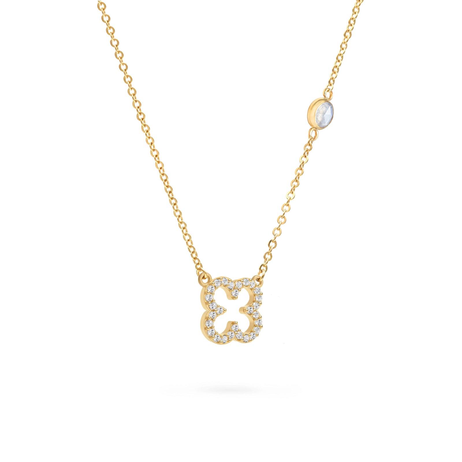 Diamond Clover & Moonstone Necklace in 14k Gold (June)