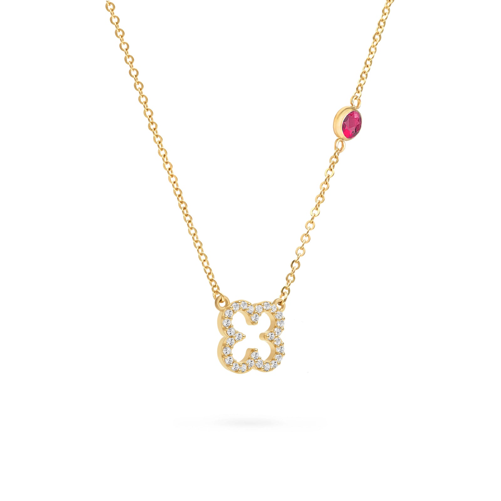 Diamond Clover & Ruby Necklace in 14k Gold (July)