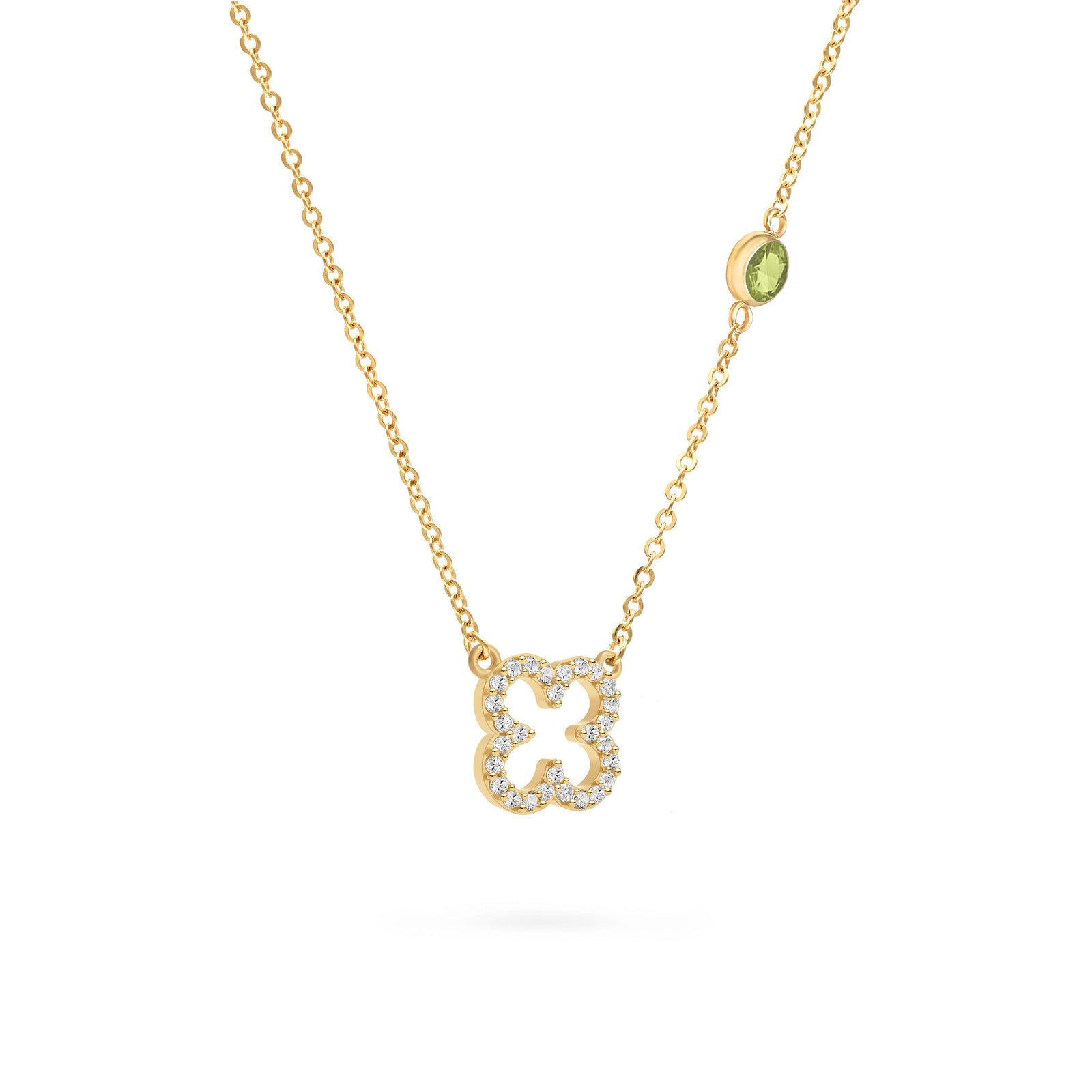 Diamond Clover & Peridot Necklace in 14k Gold (August)