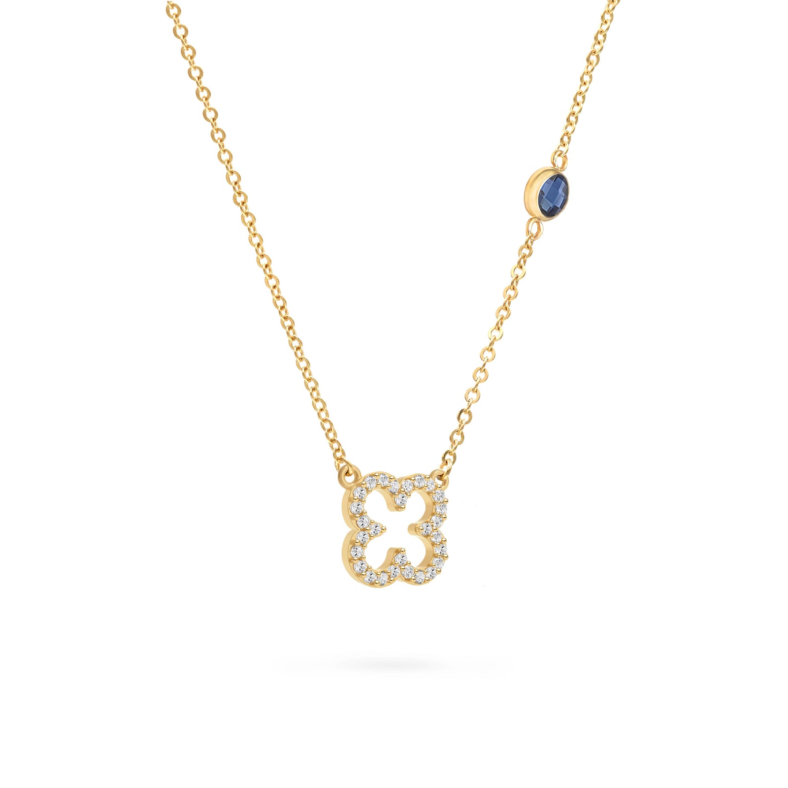 Diamond Clover & Sapphire Necklace in 14k Gold (September)