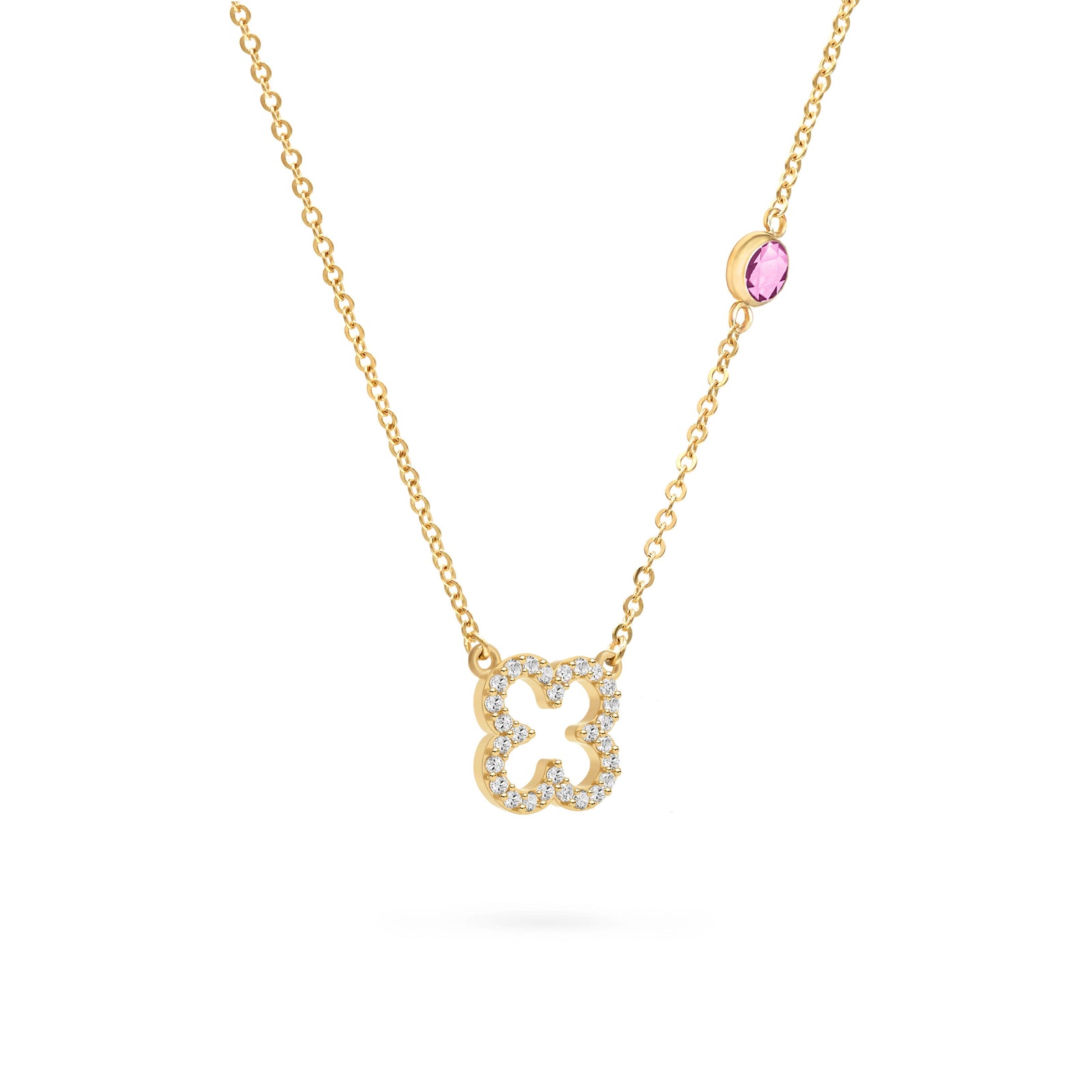 Diamond Clover & Pink Sapphire Necklace in 14k Gold (October)