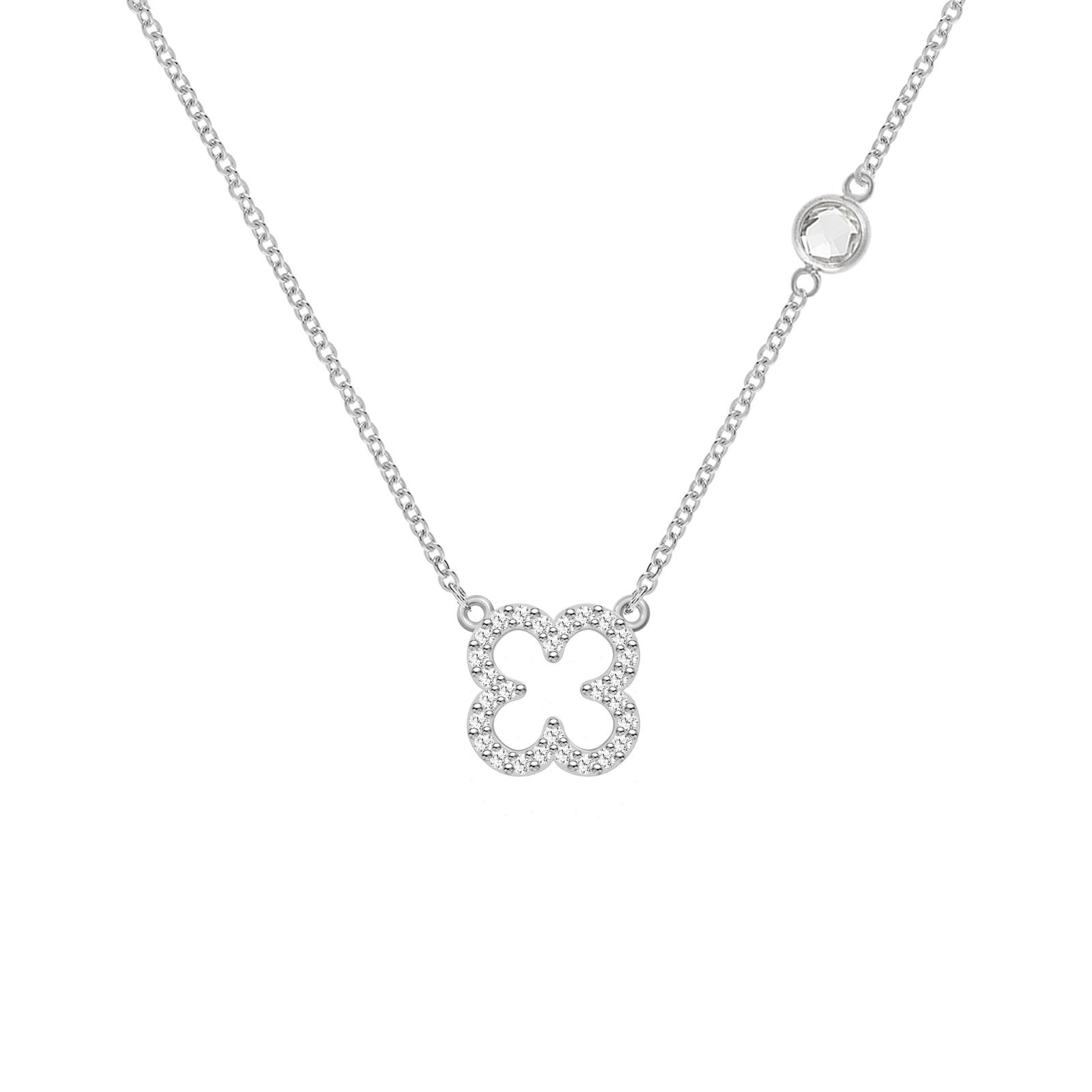 Diamond Clover & White Topaz Necklace in 14k Gold (April)