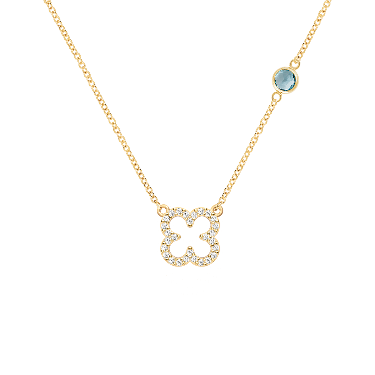 Diamond Clover & Nantucket Blue Topaz Necklace in 14k Gold (December)