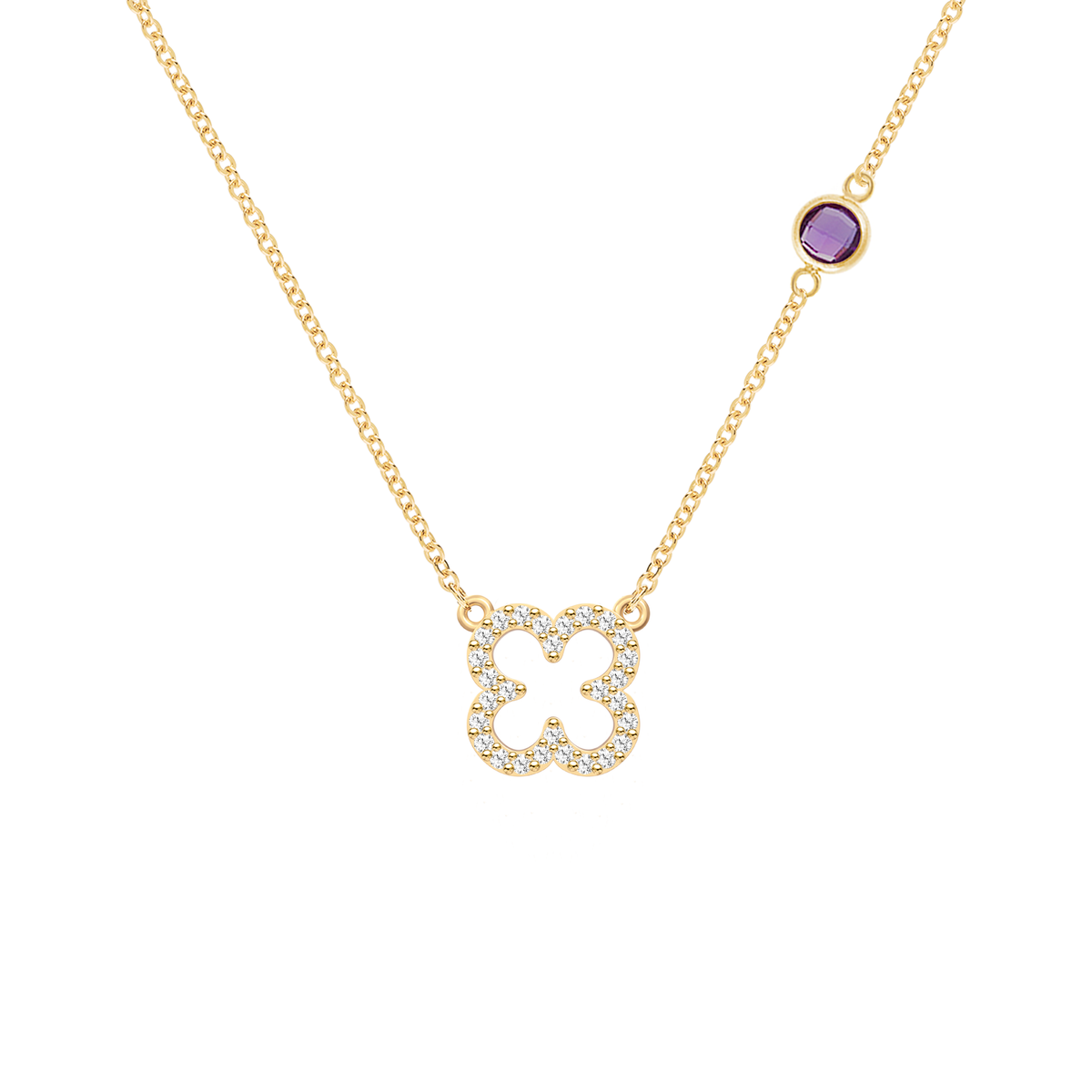 Diamond Clover & Amethyst Necklace in 14k Gold (February)