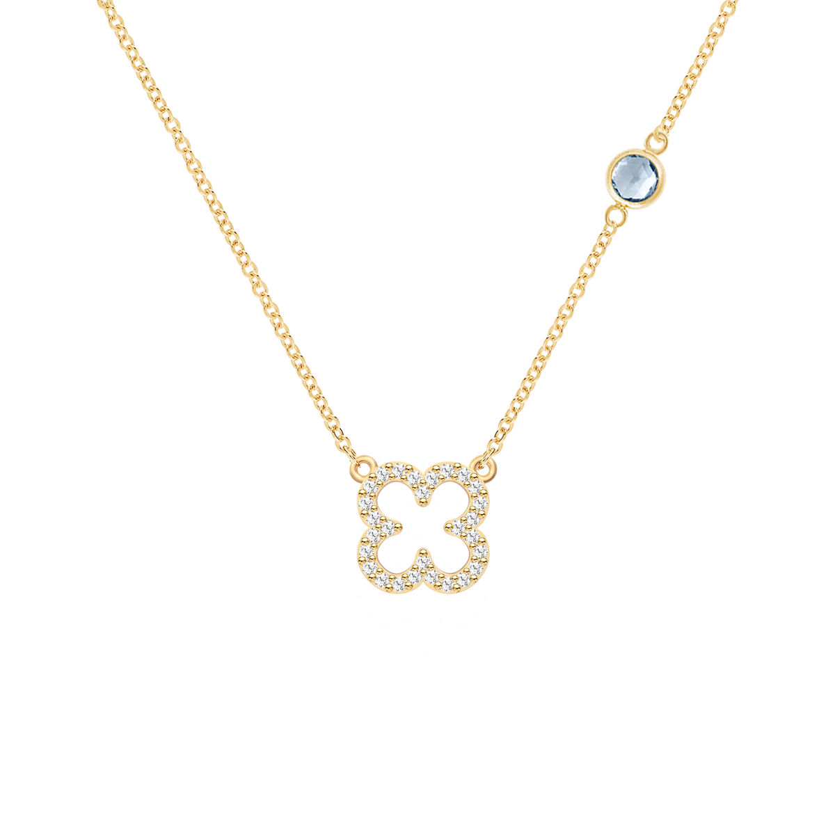 Diamond Clover & Aquamarine Necklace in 14k Gold (March)