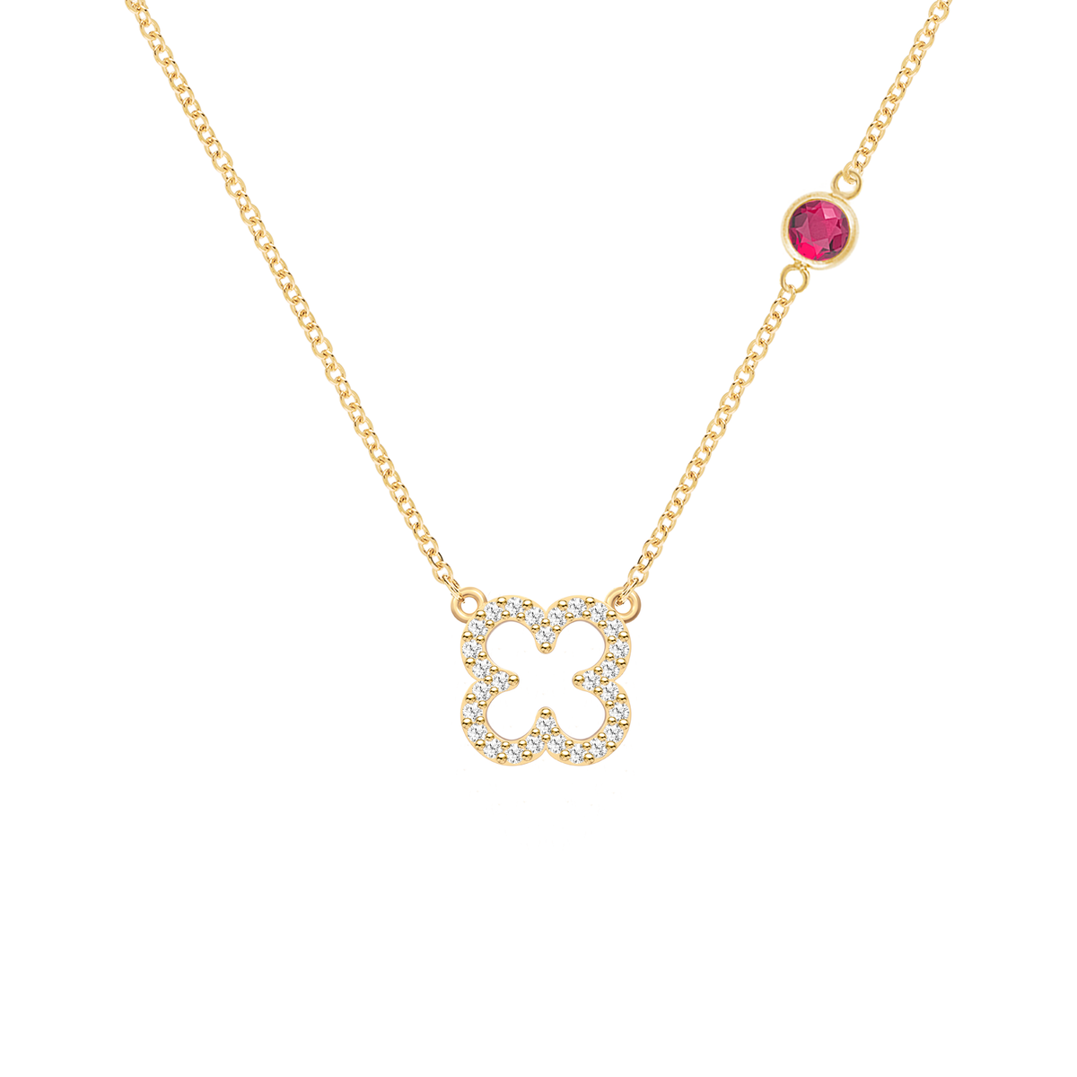 Diamond Clover & Ruby Necklace in 14k Gold (July)