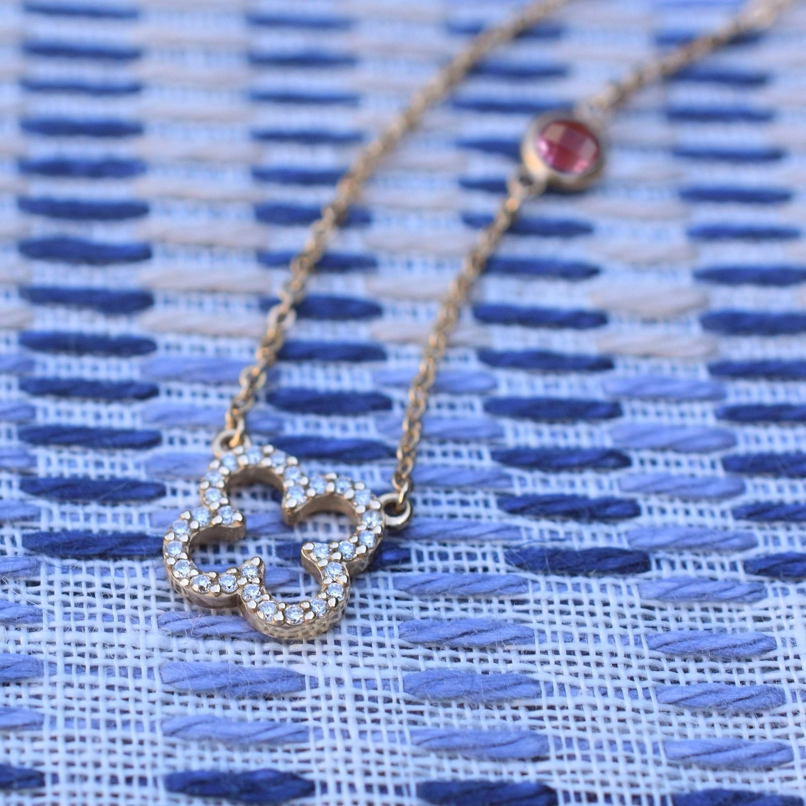 Diamond Clover & Pink Sapphire Necklace in 14k Gold (October)