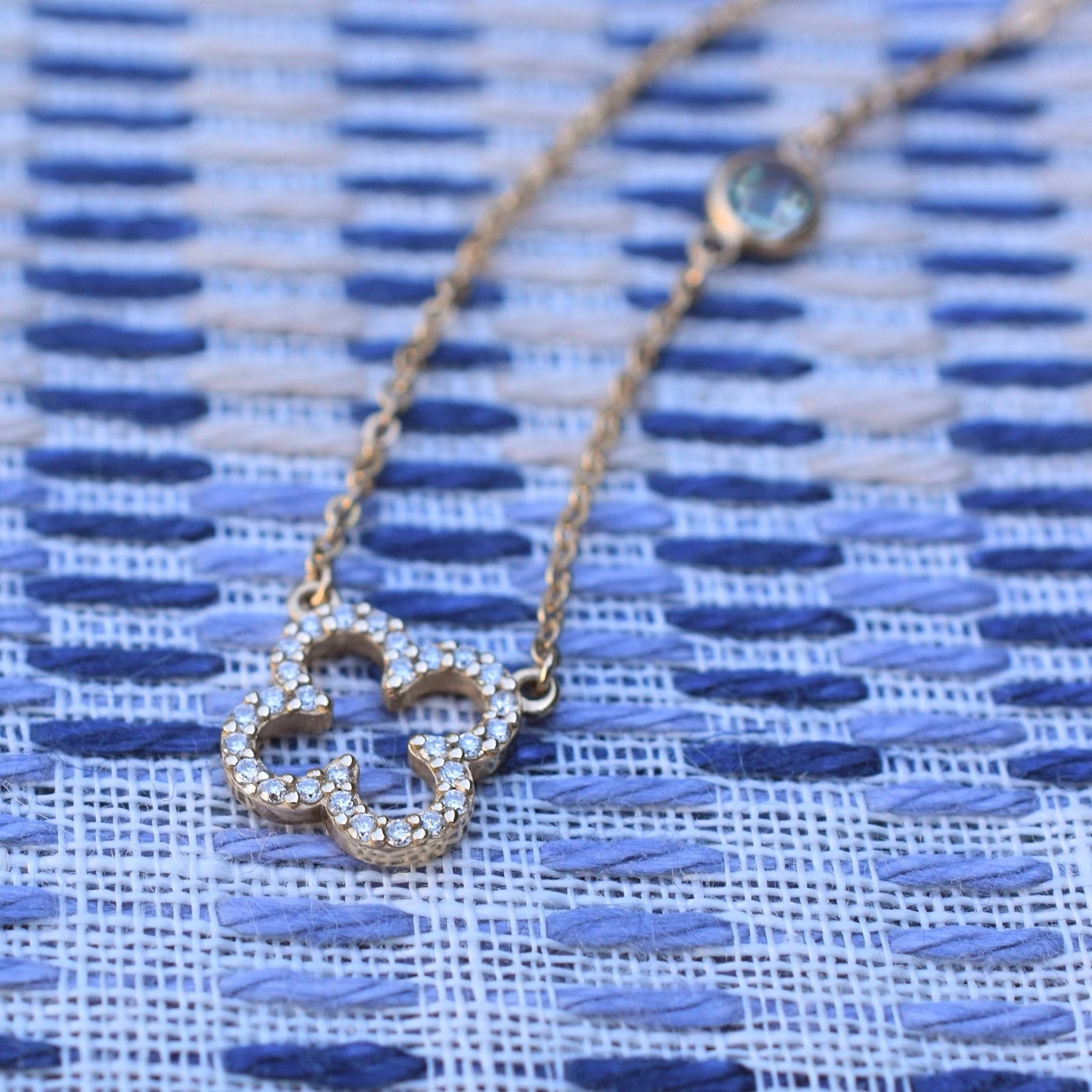Diamond Clover & Nantucket Blue Topaz Necklace in 14k Gold (December)