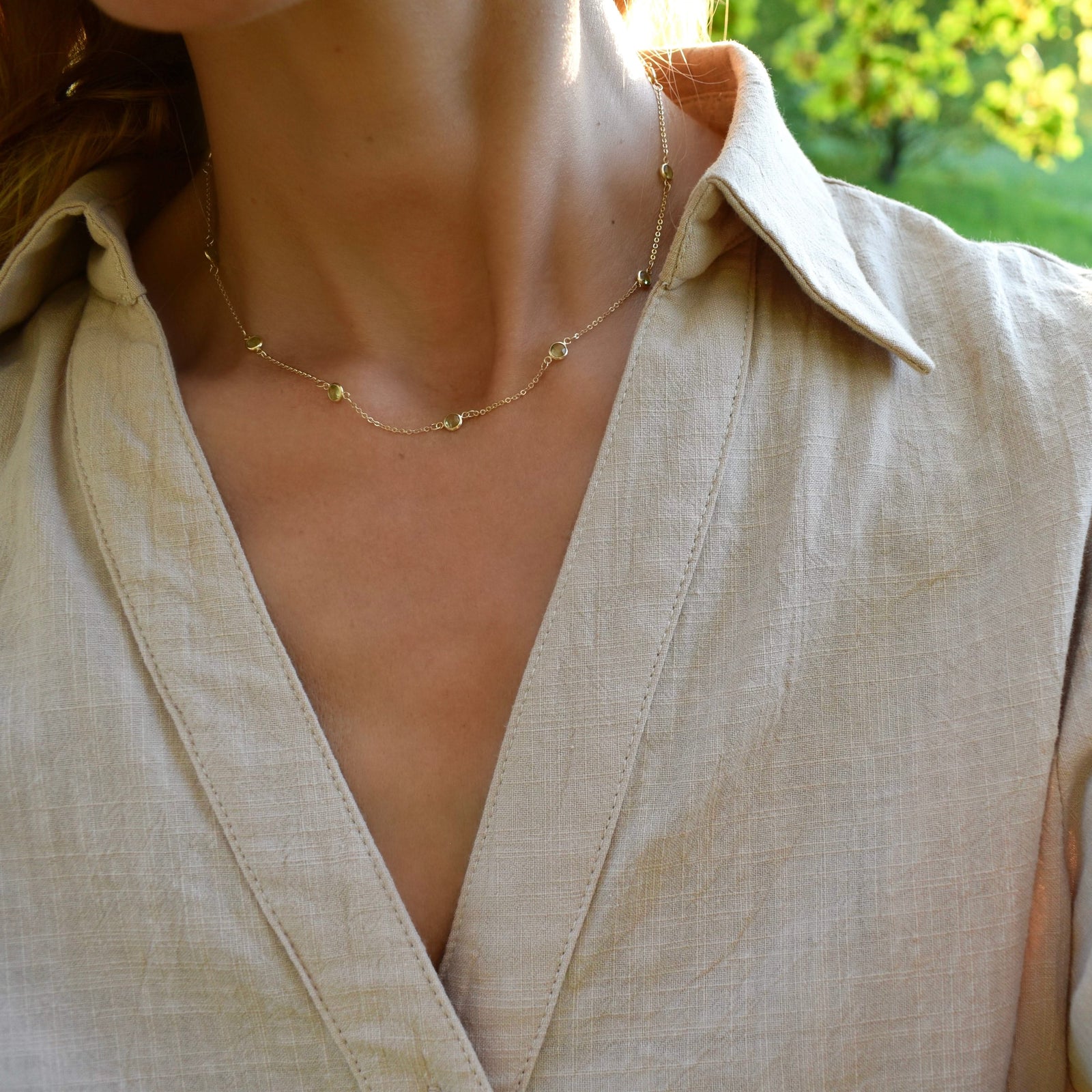 Bayberry 11 Peridot Necklace in 14k Gold (August)