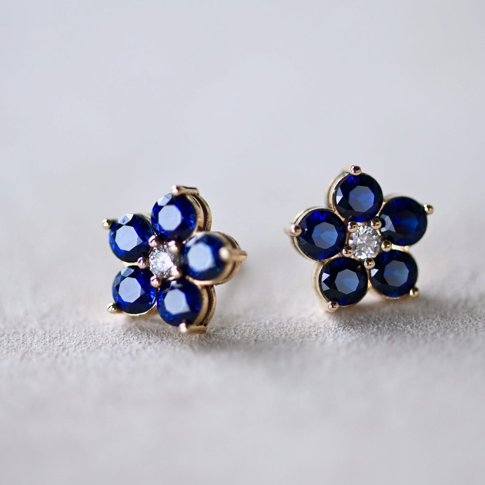 Greenwich Flower Sapphire & Diamond Earrings in 14k Gold (September)