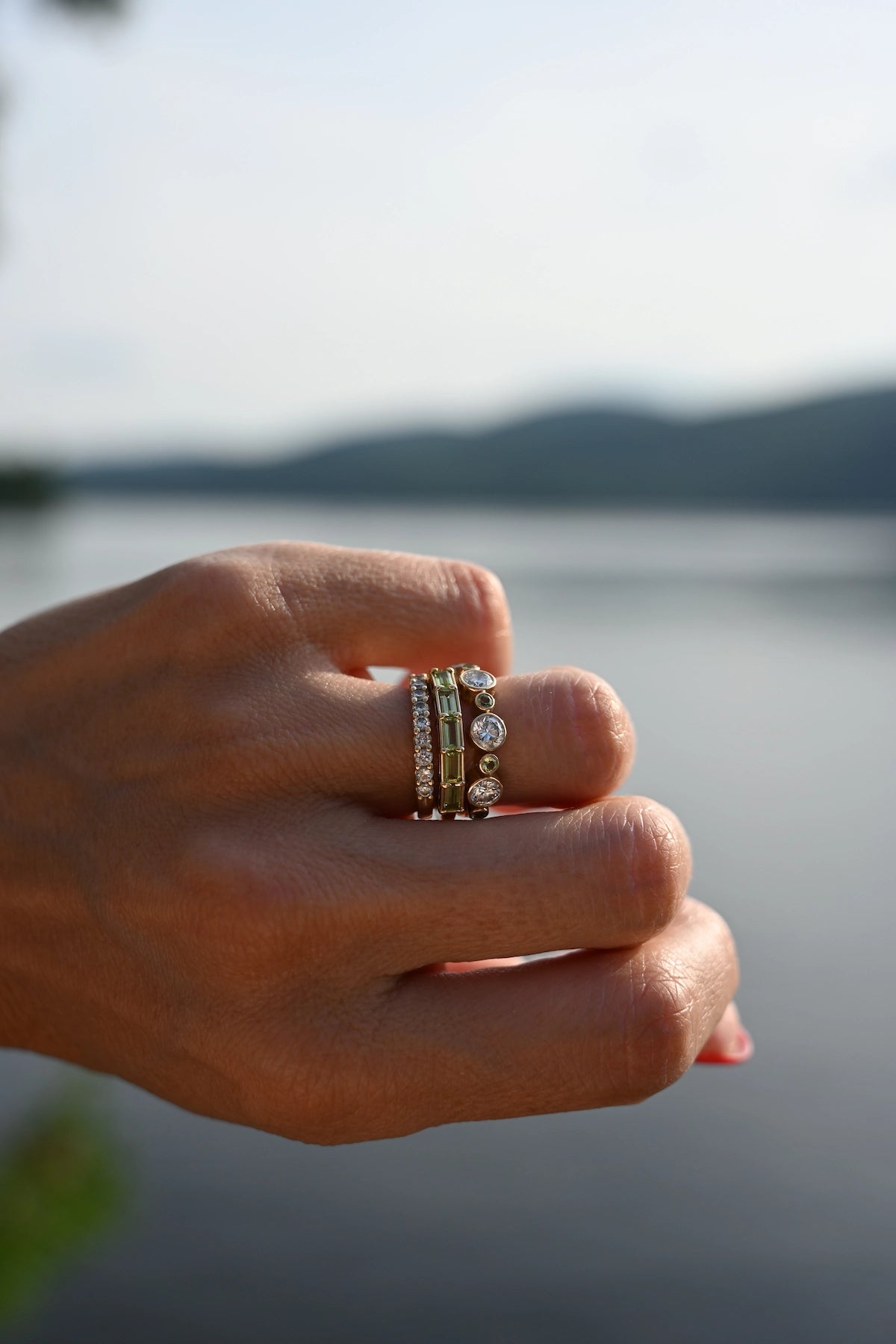 Barrington Diamond Band Ring with Peridots in 14k Gold (August)