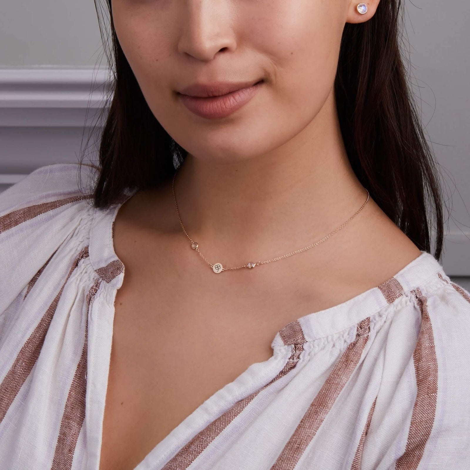 Clover Disc & Petite 2 Birthstone Necklace in 14k Gold