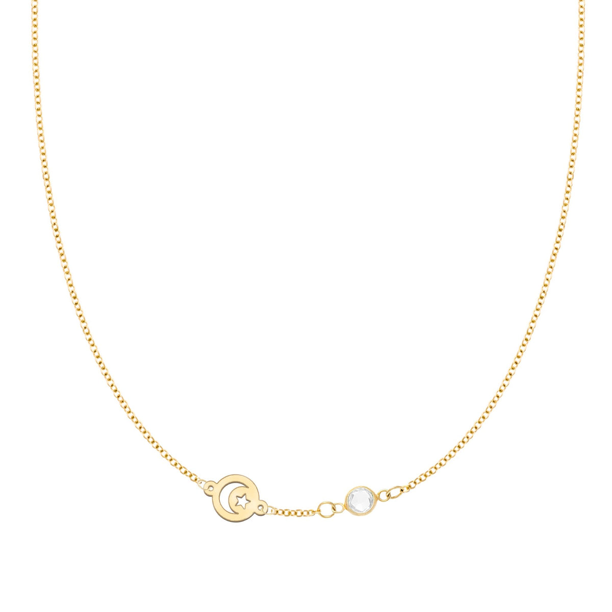 Crescent & Star Disc & Petite 1 Birthstone Necklace in 14k Gold