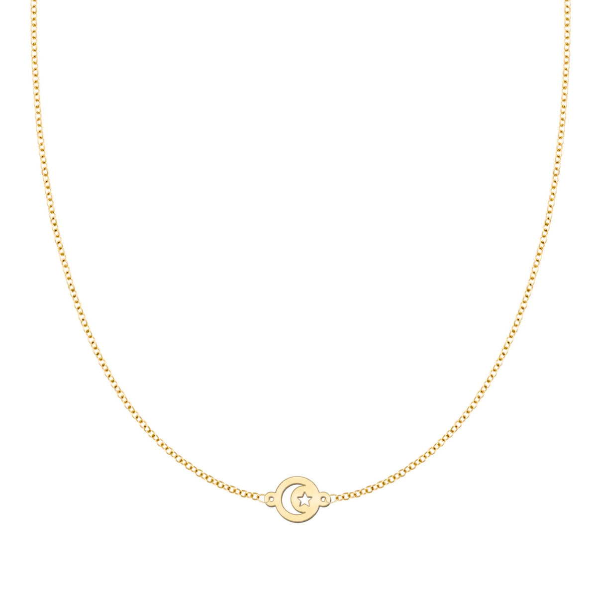 Crescent & Star Disc Necklace in 14k Gold