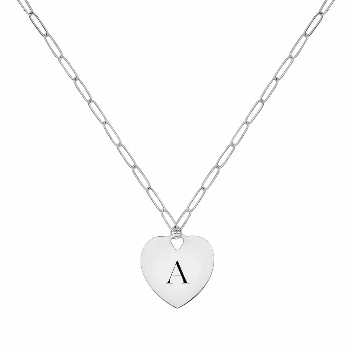 14k white gold Adelaide mini necklace featuring one 16 x 15 mm flat heart pendant engraved with the letter A