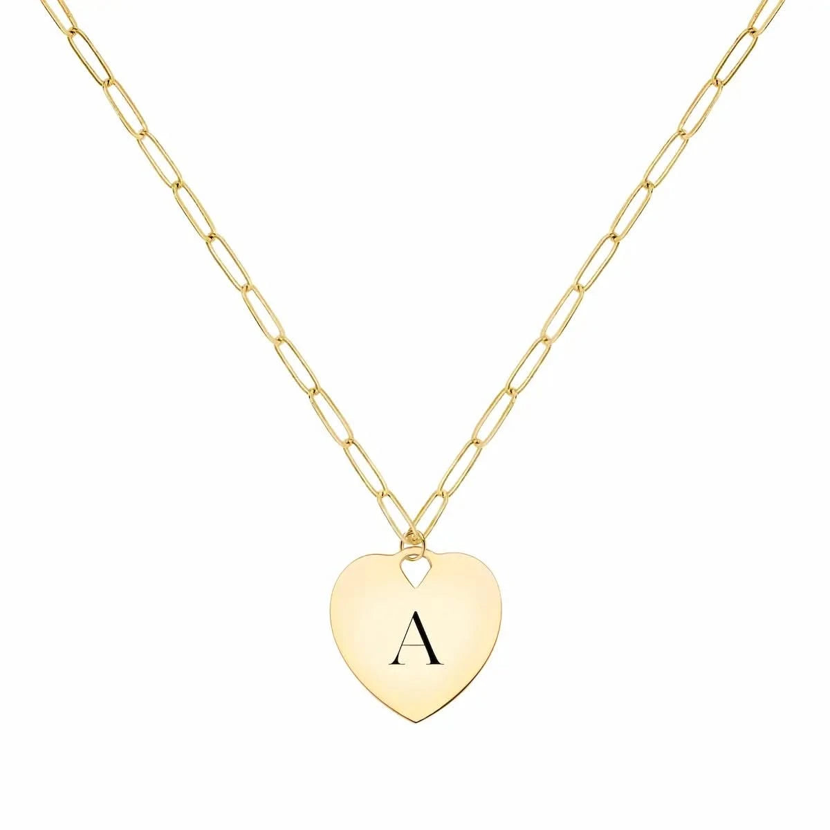 14k yellow gold Adelaide mini necklace featuring one 16 x 15 mm flat heart pendant engraved with the letter A - front view
