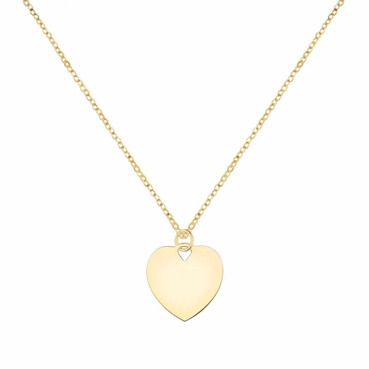 14k yellow gold cable chain necklace featuring one 16 x 15 mm small flat heart pendant engraved with the letter A - front view
