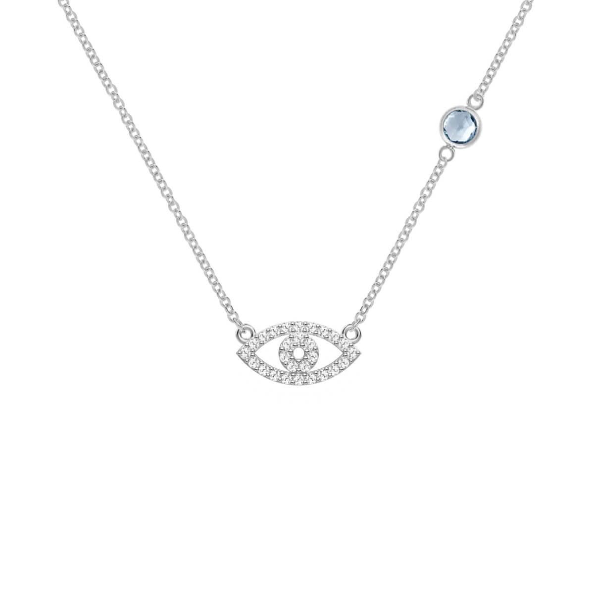 Diamond Evil Eye & Aquamarine Necklace in 14k Gold (March)