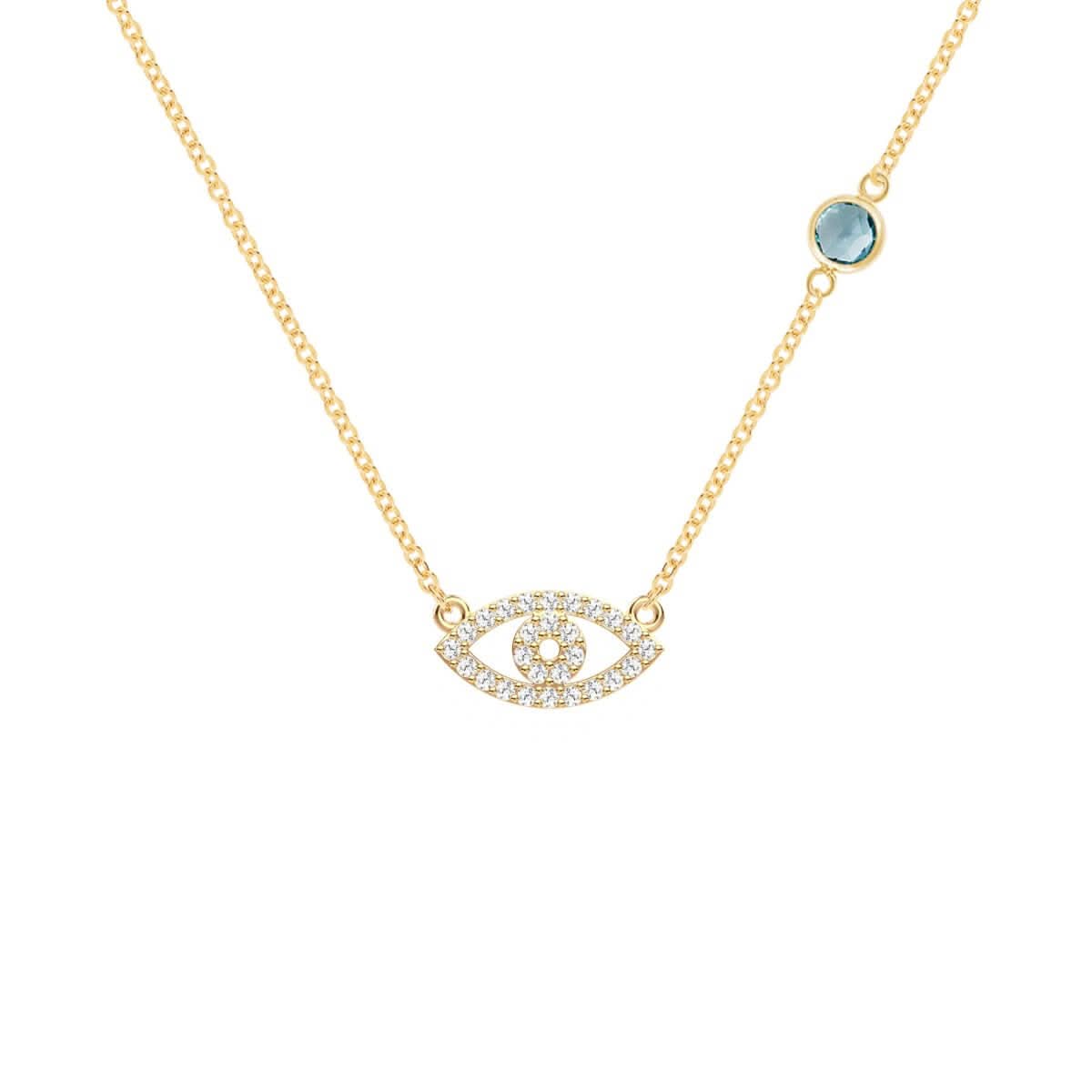 Diamond Evil Eye & Nantucket Blue Topaz Necklace in 14k Gold (December)