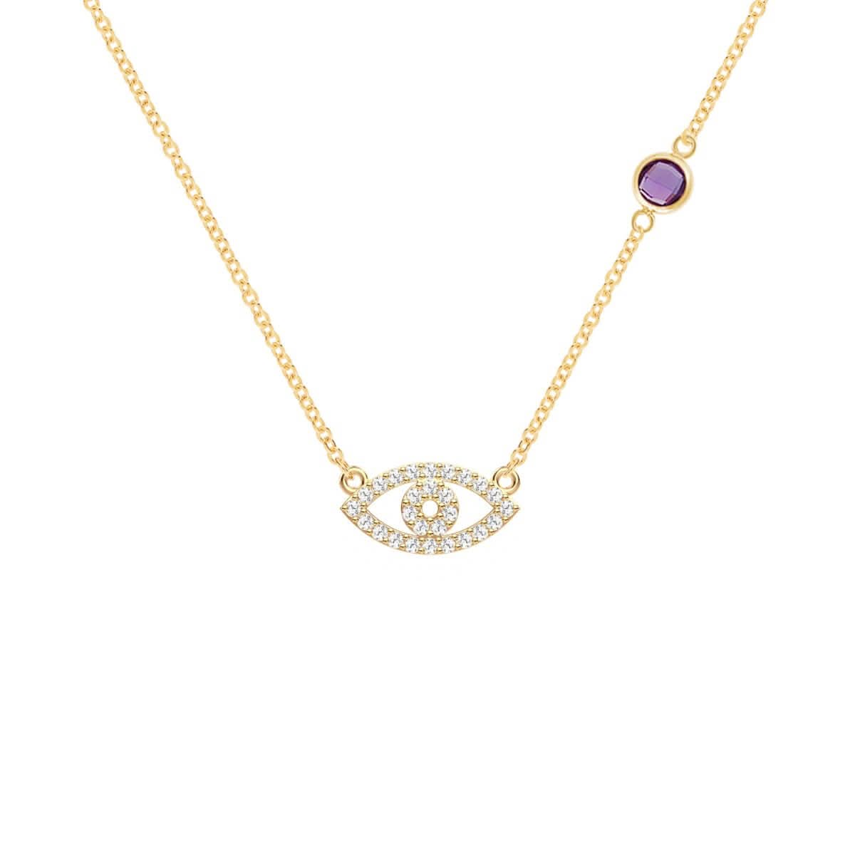 Diamond Evil Eye & Amethyst Necklace in 14k Gold (February)