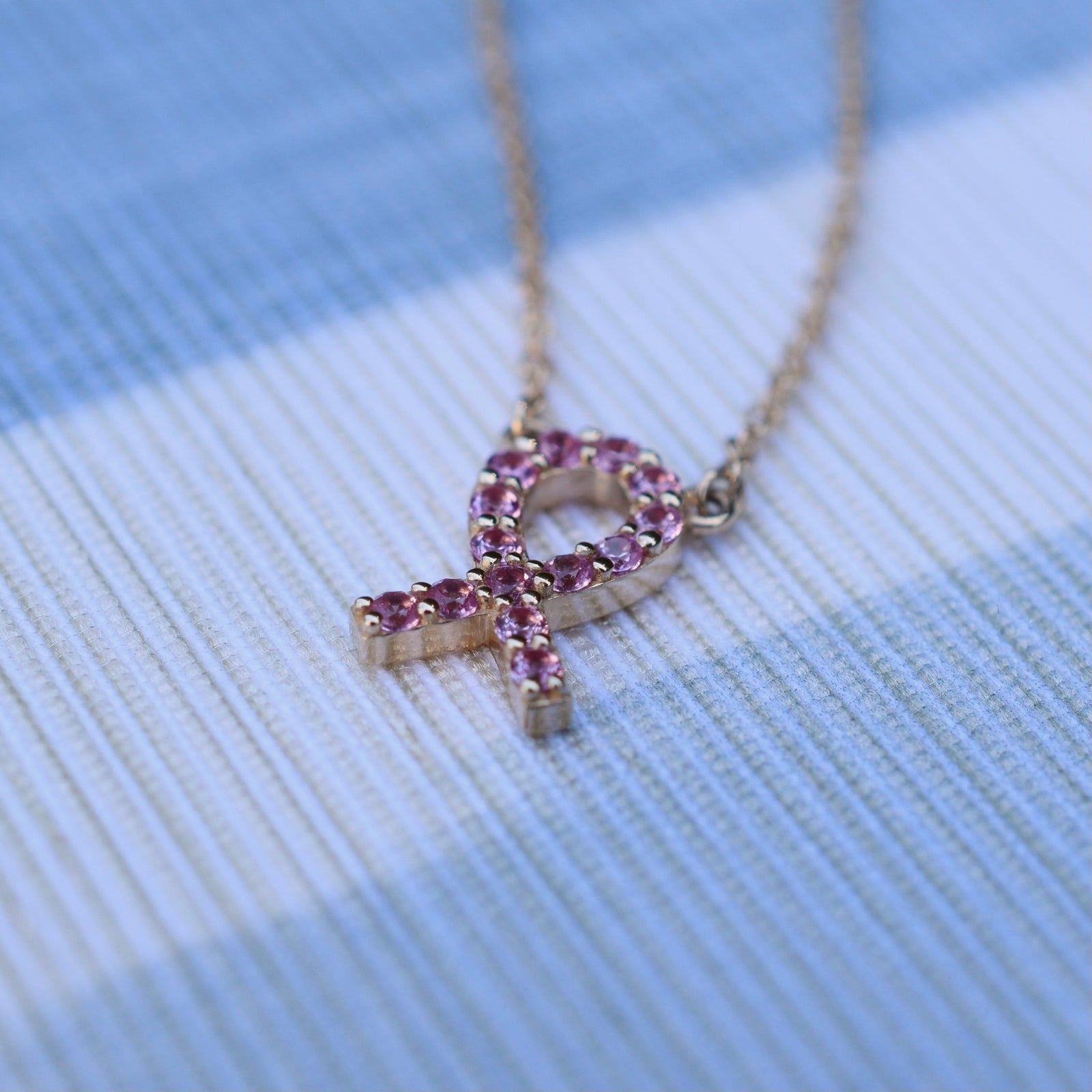 Pink Awareness Pave Ribbon Necklace in 14k Gold