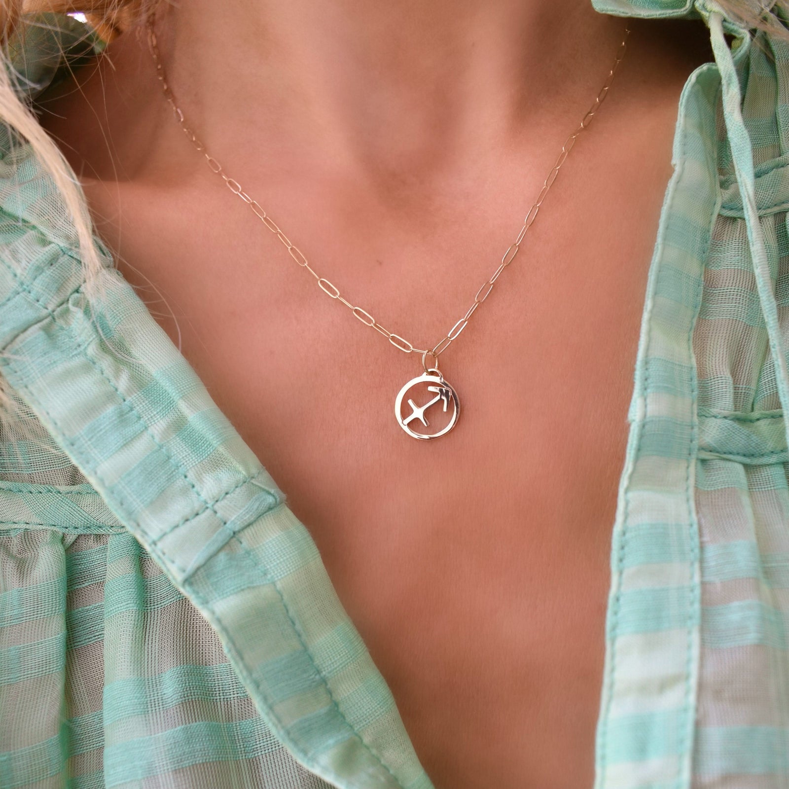 Flat Sagittarius Pendant with Adelaide Mini Chain in 14k Gold