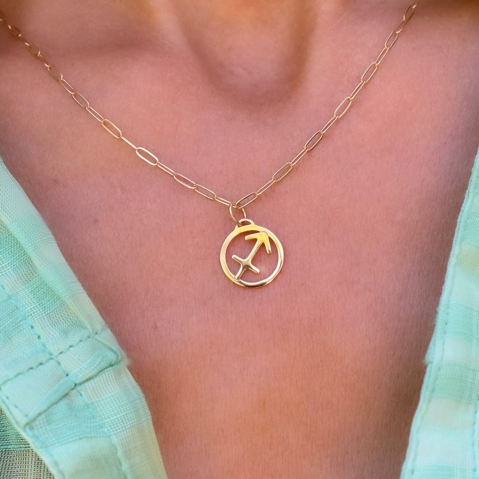 Flat Sagittarius Pendant with Adelaide Mini Chain in 14k Gold