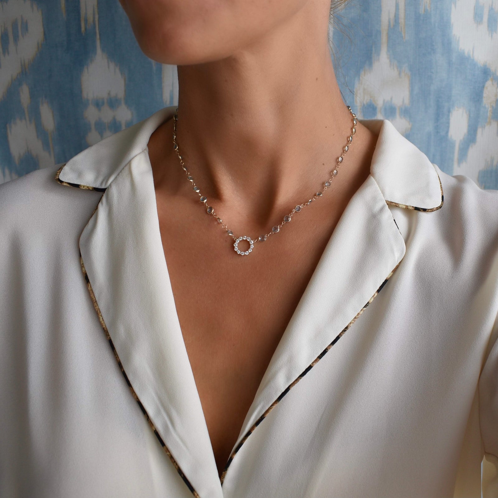 Rosecliff Diamond Small Circle & Newport Nantucket Blue Topaz Necklace in 14k Gold (December)