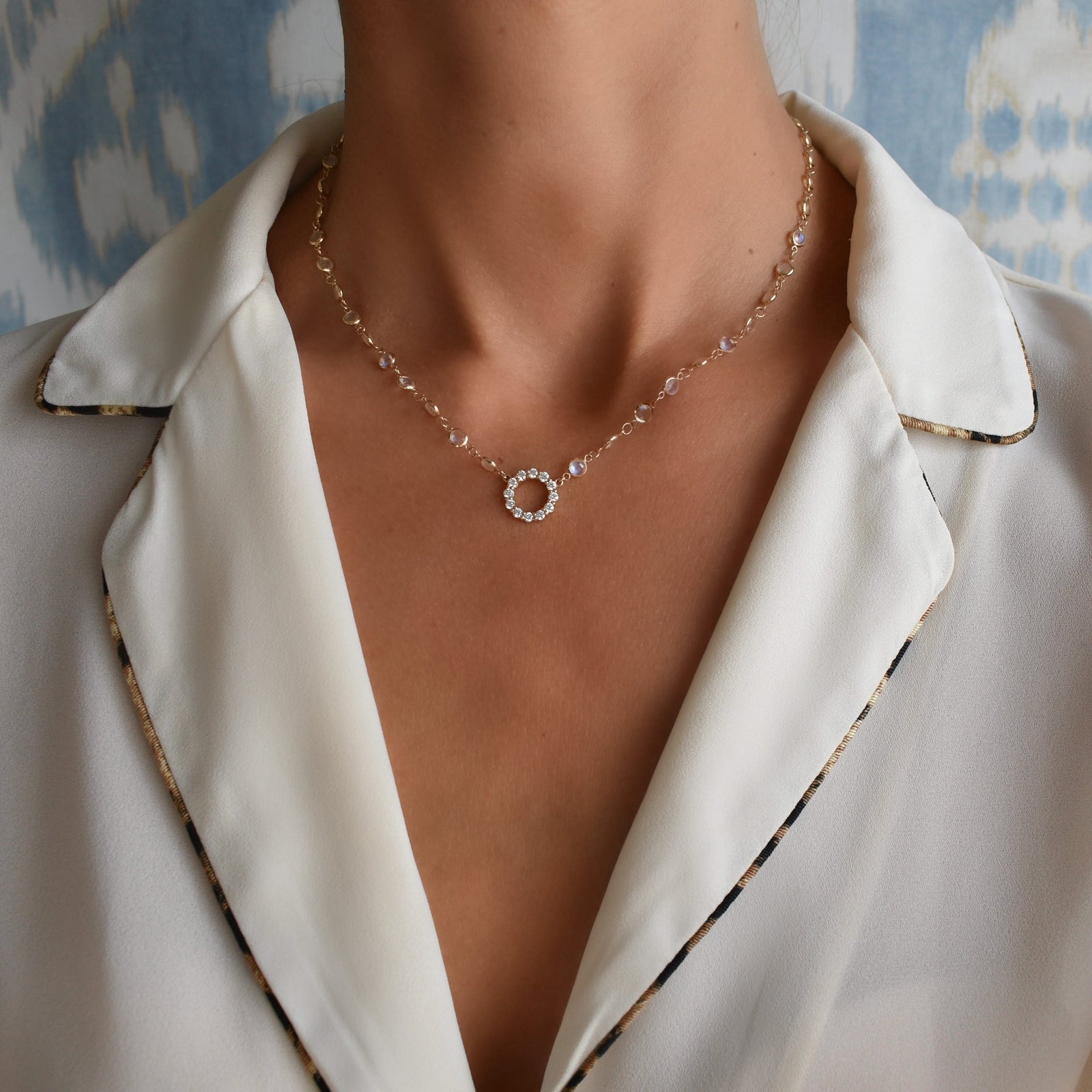 Rosecliff Diamond Small Circle & Newport Moonstone Necklace in 14k Gold (June)