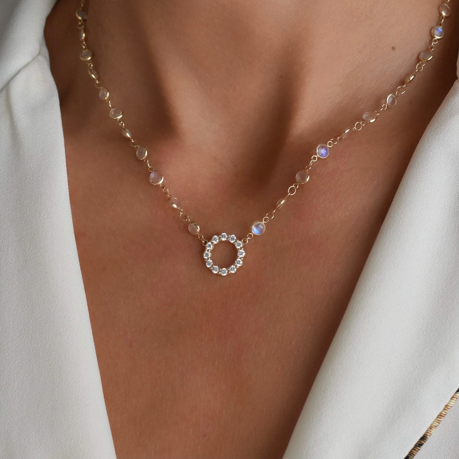 Rosecliff Diamond Small Circle & Newport Moonstone Necklace in 14k Gold (June)