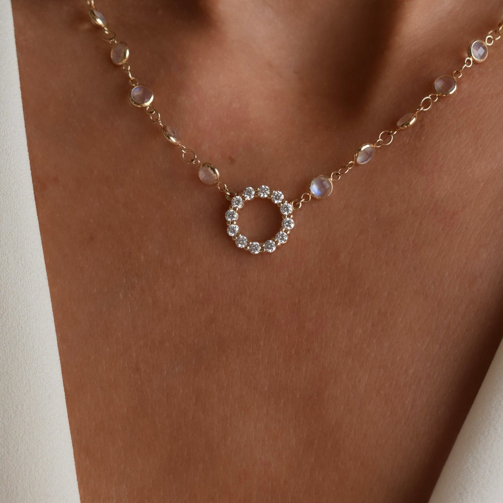Rosecliff Diamond Small Circle & Newport Moonstone Necklace in 14k Gold (June)