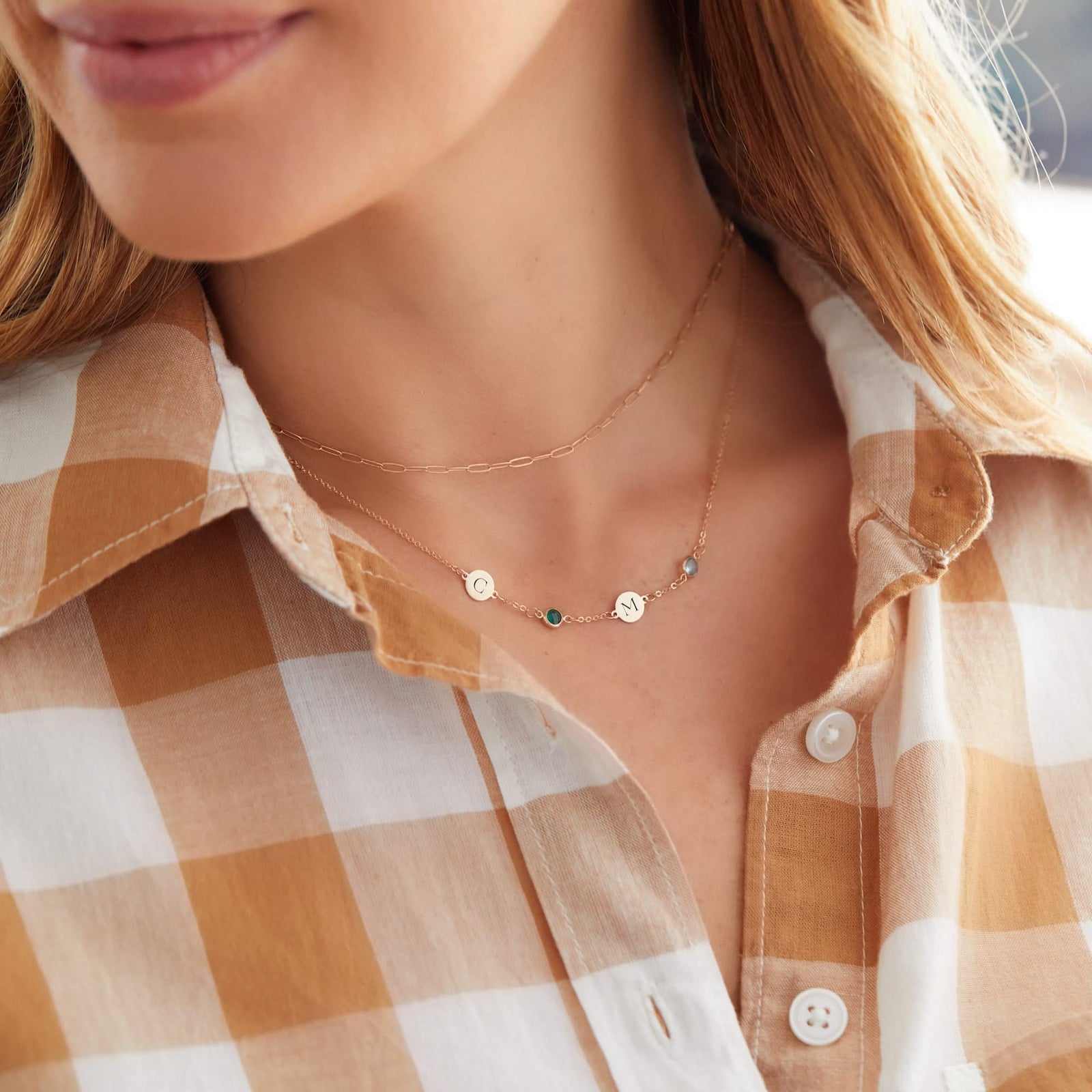 2 Letter & 2 Petite Birthstone Necklace in 14k Gold (Single Spacing)