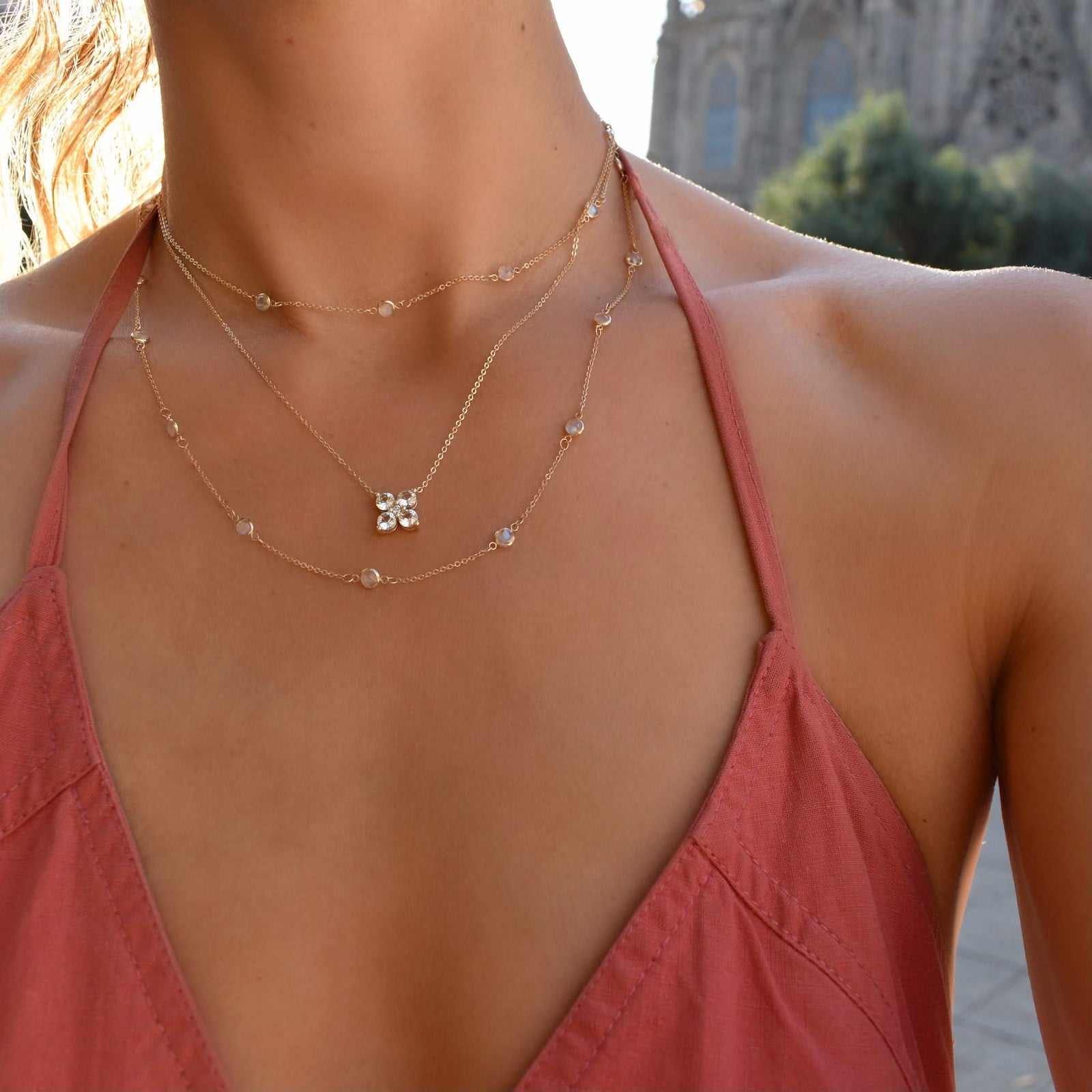 Bayberry Moonstone Long Necklace in 14k Gold (June)