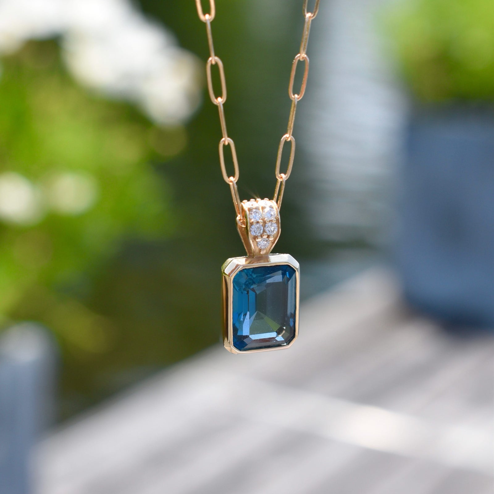 Warren Atlantic Blue Topaz Pendant with Diamond Bale in 14k Gold (December)
