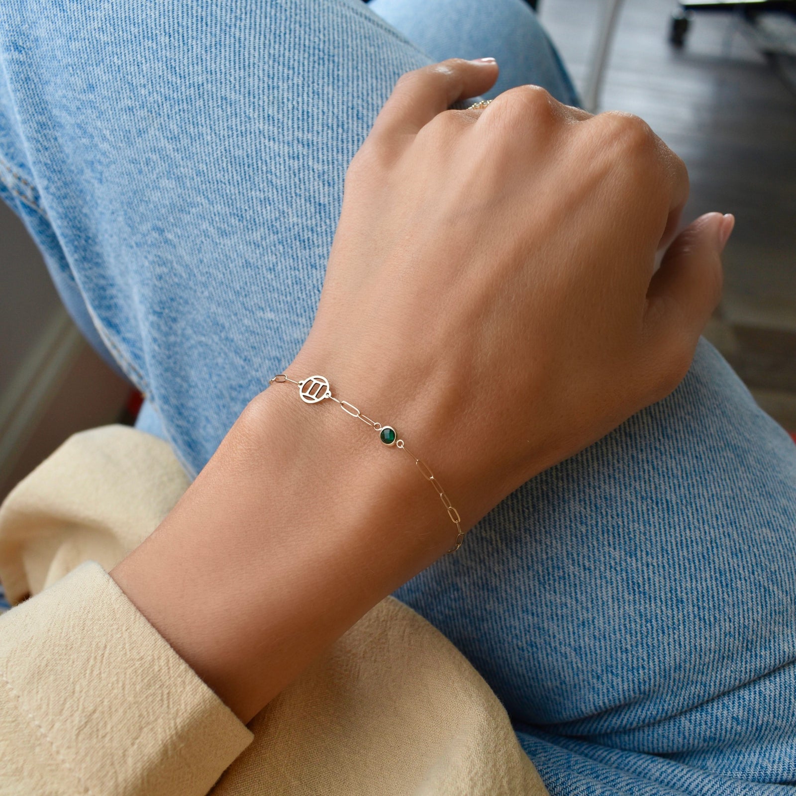 Gemini & Birthstone Bracelet on Adelaide Mini in 14k Gold