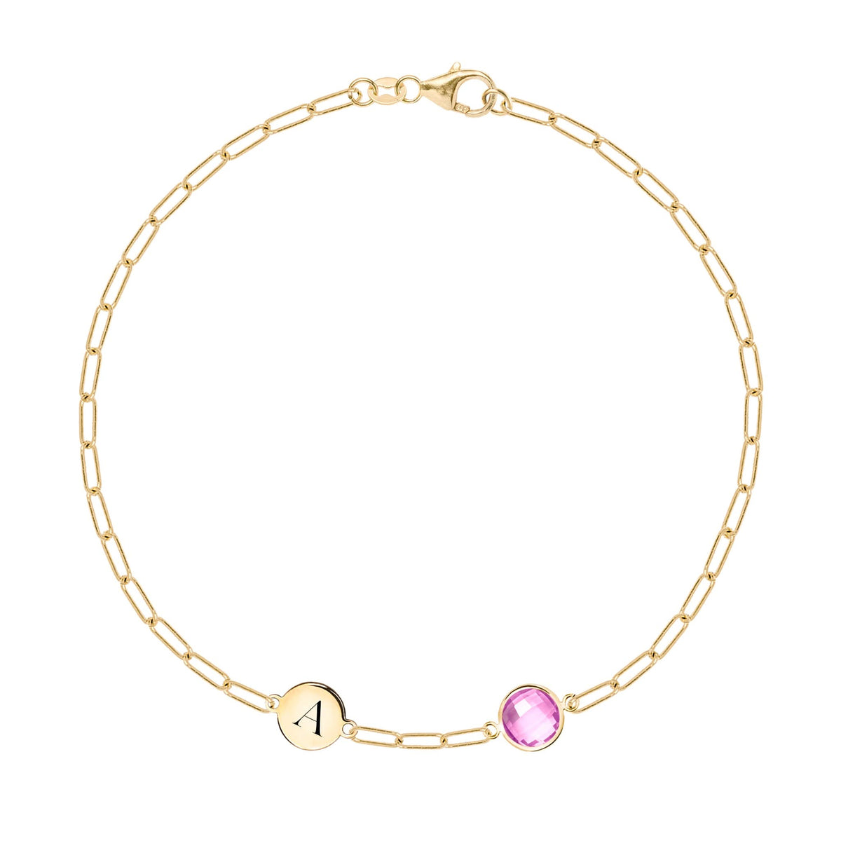 1 Letter & 1 Grand Pink Sapphire Adelaide Mini Bracelet in 14k Gold (October)