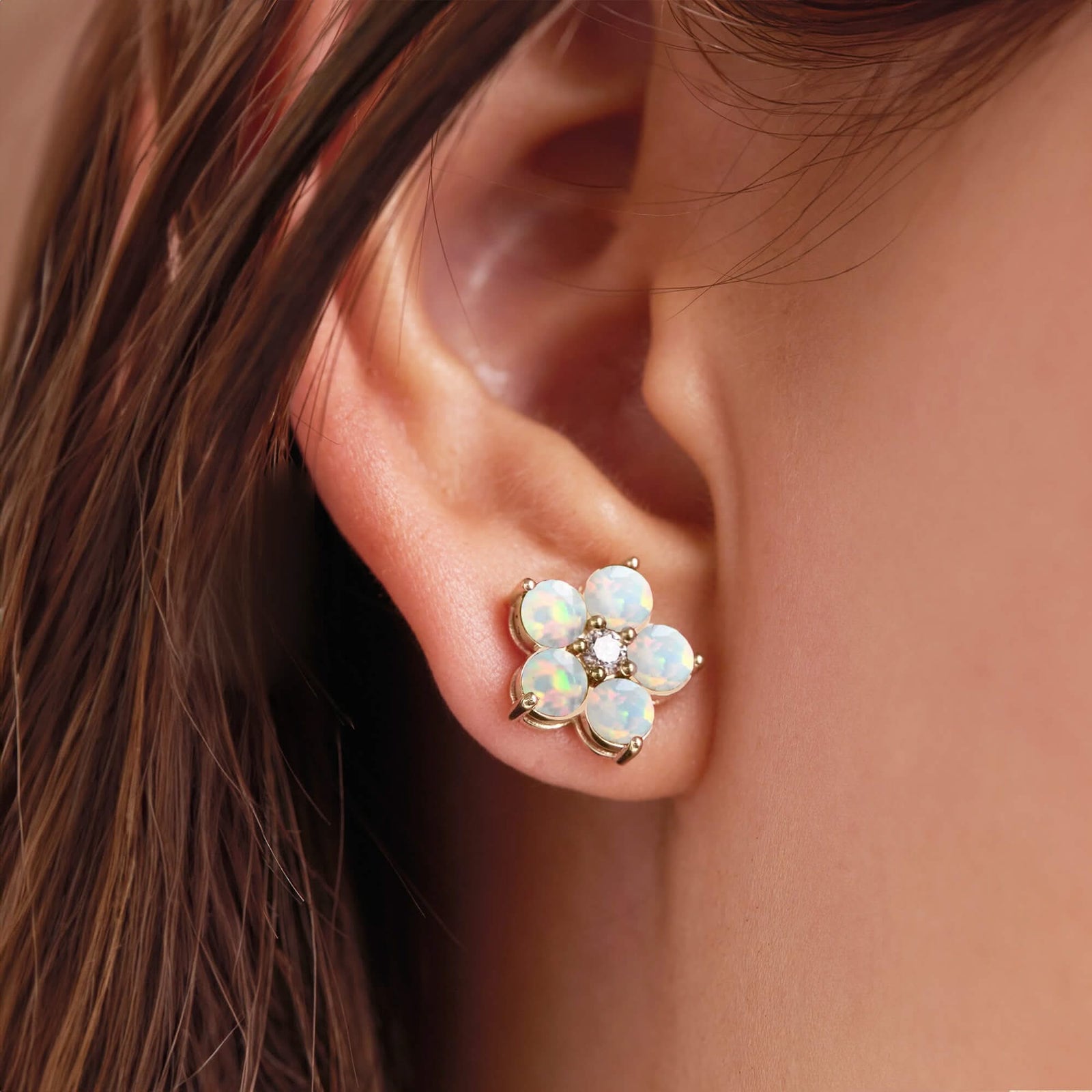 Greenwich Flower Opal & Diamond Earrings in 14k Gold (October)