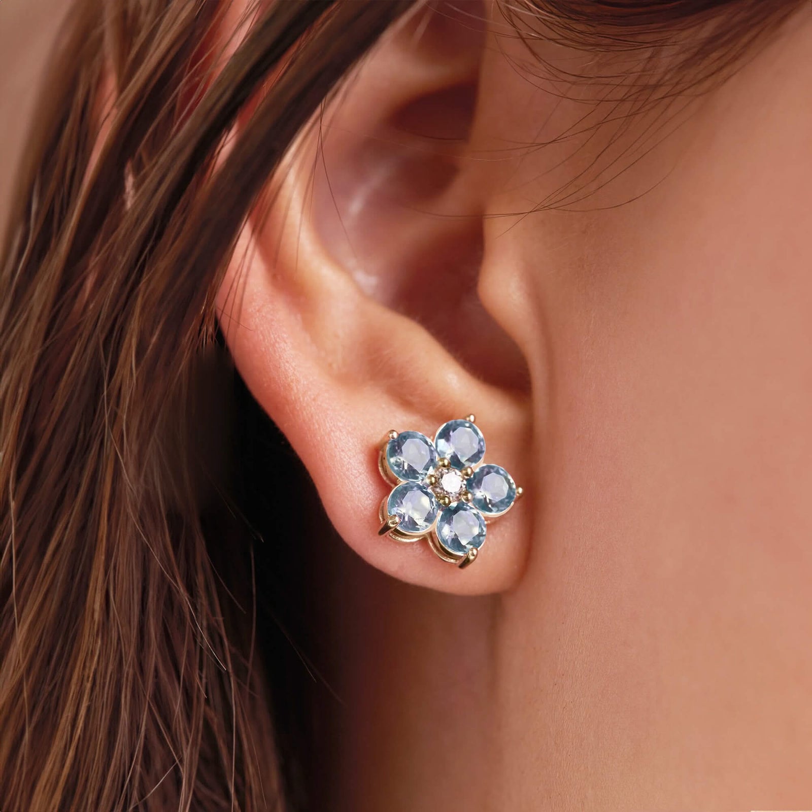 Greenwich Flower Aquamarine & Diamond Earrings in 14k Gold (March)