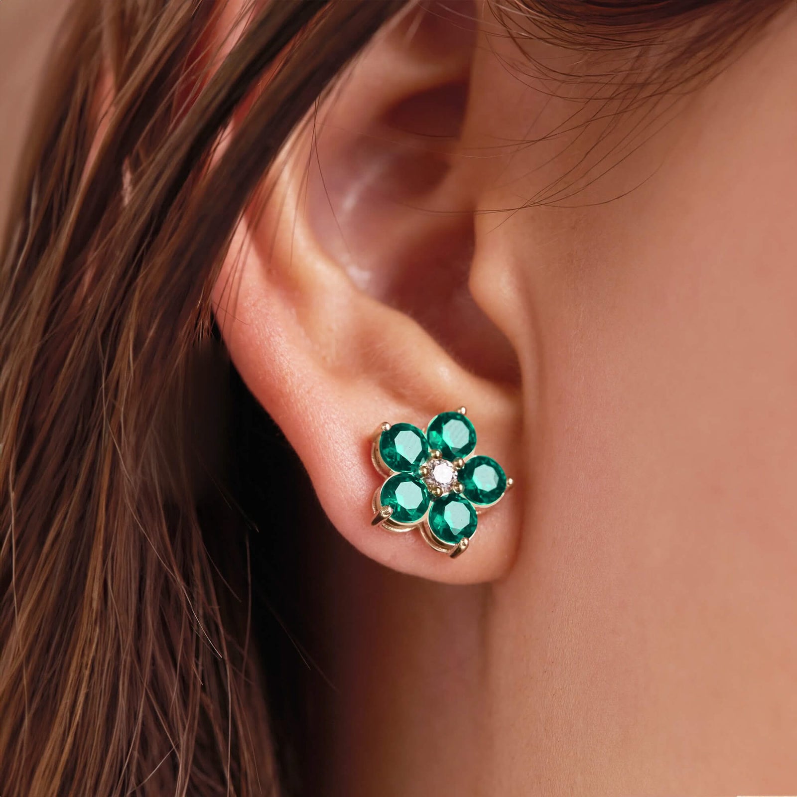 Greenwich Flower Emerald & Diamond Earrings in 14k Gold (May)