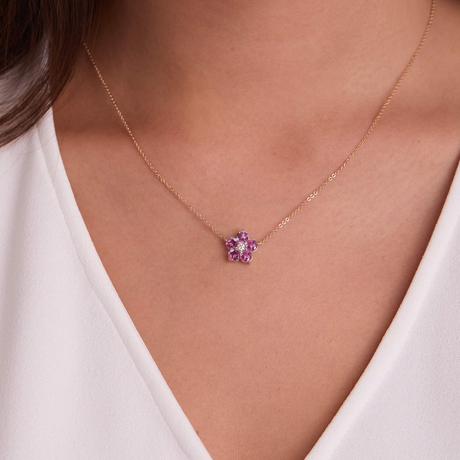 The Vault: Greenwich Flower Pink Tourmaline & Diamond Necklace, Yellow Gold Size Large with 2" Extender