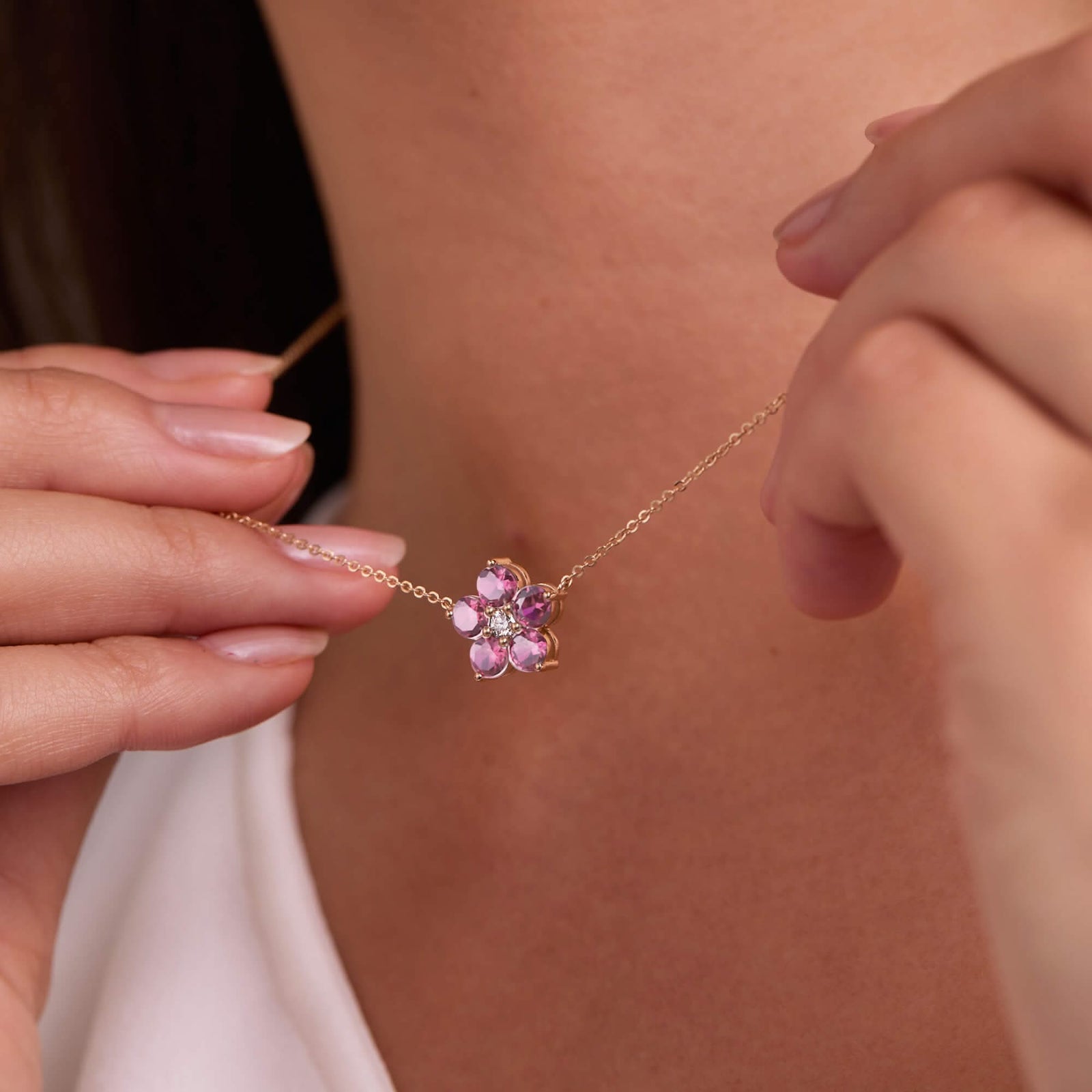 The Vault: Greenwich Flower Pink Tourmaline & Diamond Necklace, Yellow Gold Size Large with 2" Extender